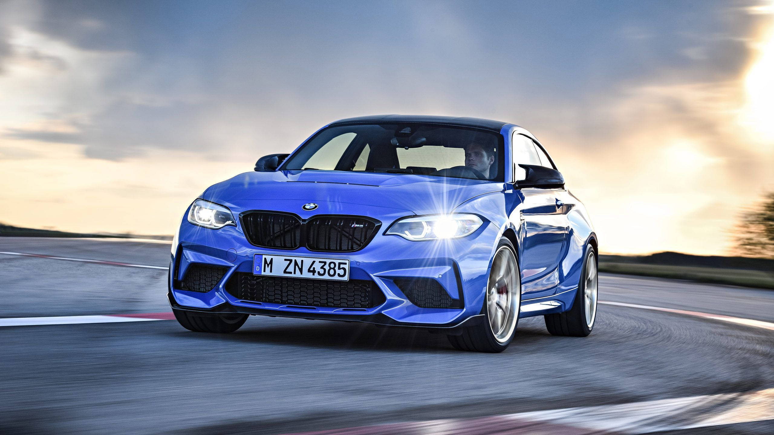 blue BMW M2 Coupe, racetrack, sunset, 2K Desktop Wallpaper