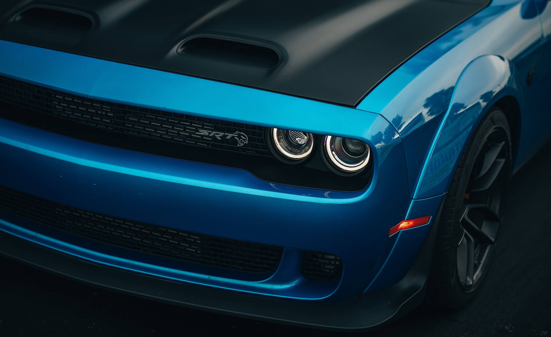blue Dodge Challenger SRT, glowing headlights, vibrant blue, Full HD Desktop Wallpaper