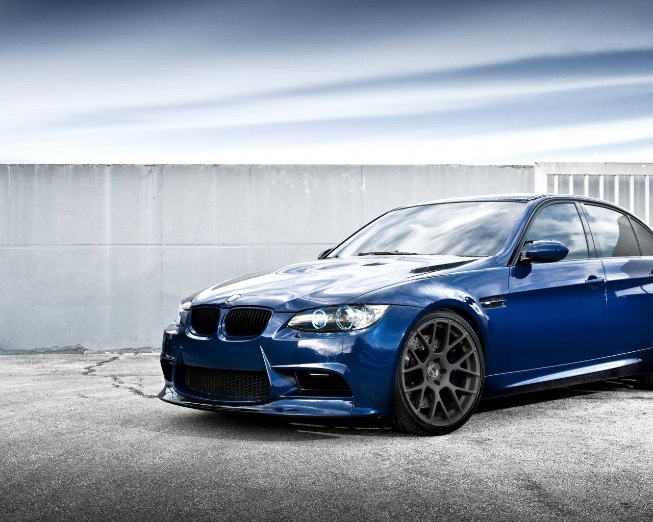 blue BMW M3, cracked asphalt, minimalist concrete wall, HD Desktop Wallpaper