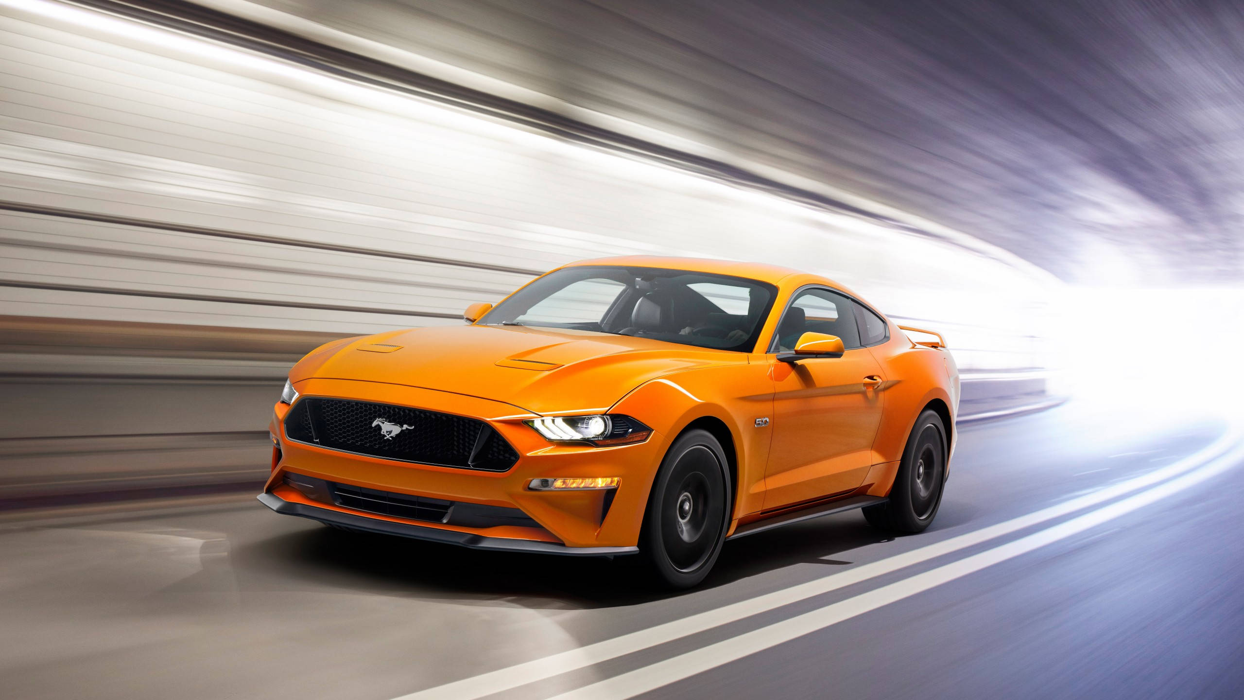 2019 Ford Mustang, vibrant orange, blurred highway, 2K Desktop Wallpaper