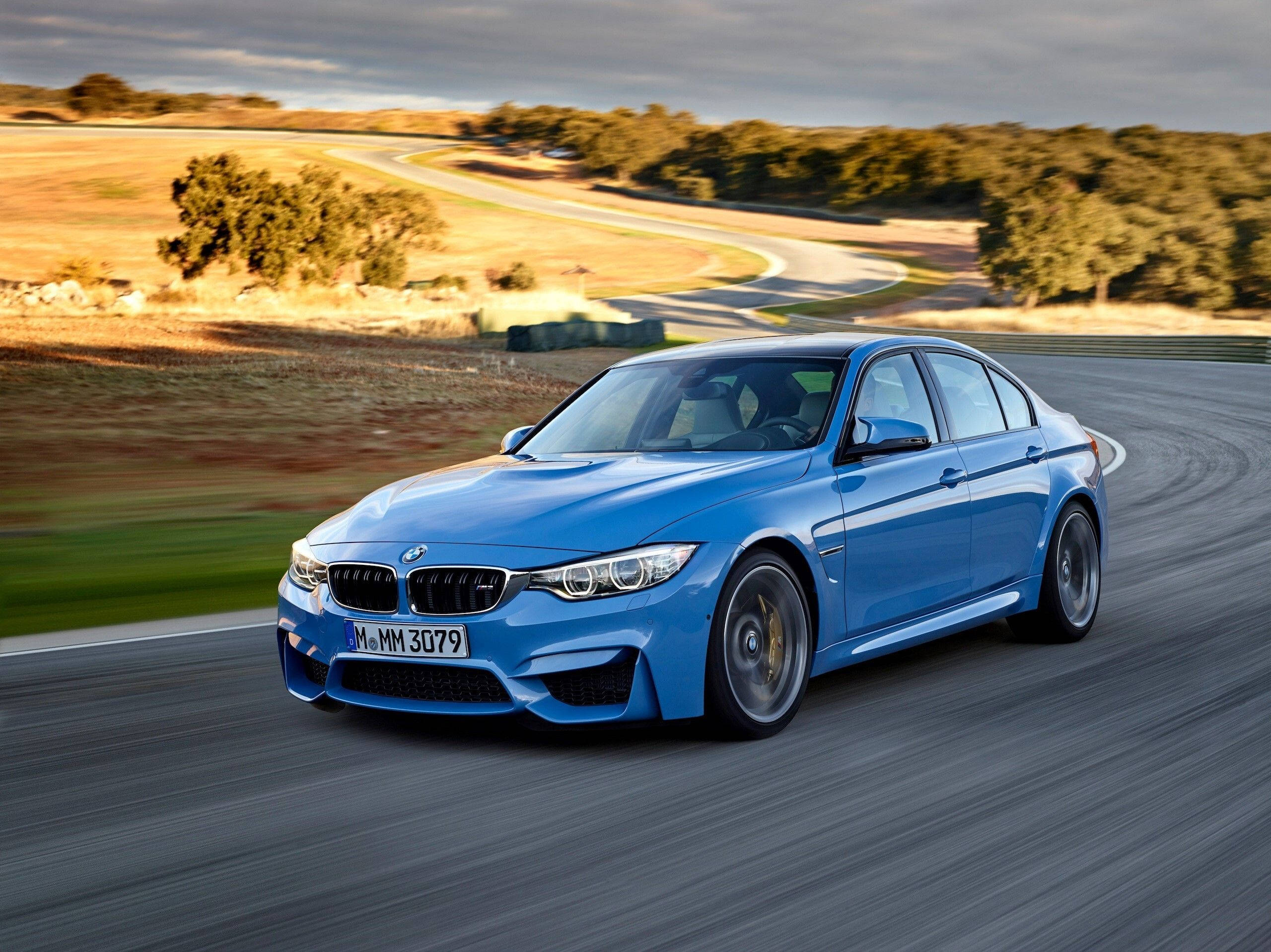 blue BMW M3, rural road, cloudy sky, 2K Desktop Wallpaper