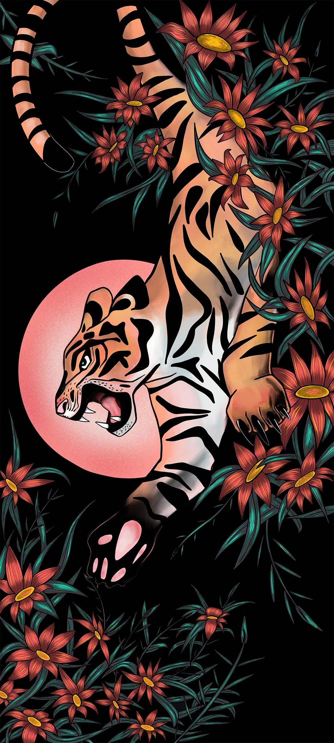 Realme 7 Pro, floral tiger artwork, vibrant red flowers, Full HD Phone Wallpaper