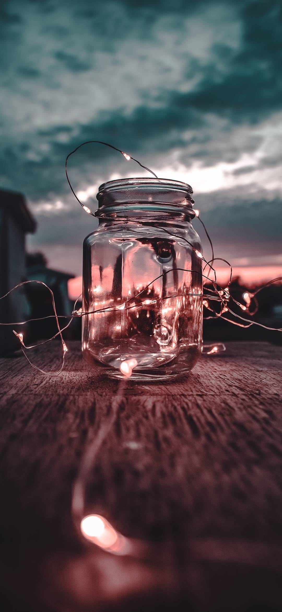 Realme 7 Pro, glass jar, glowing fairy lights, Full HD Phone Wallpaper