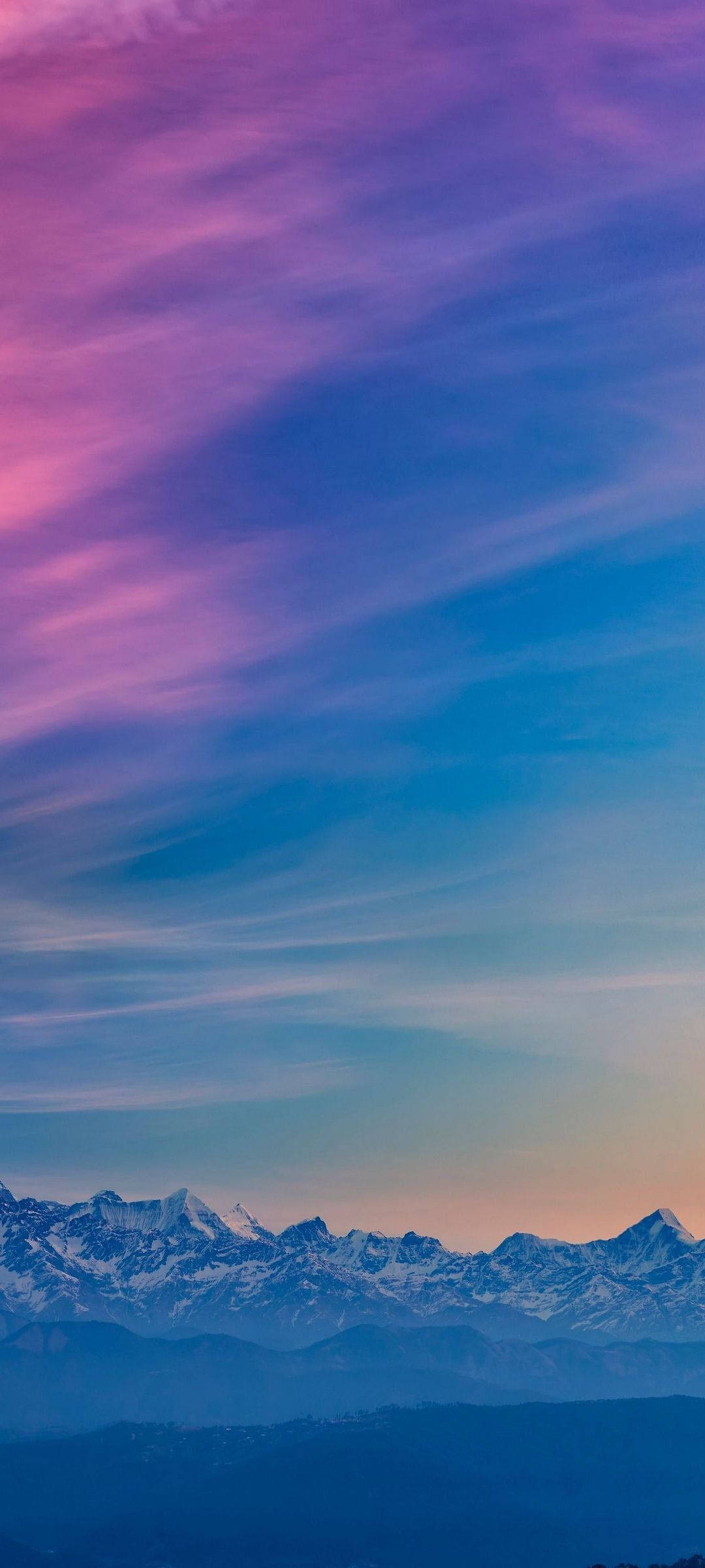 Realme 7, snowcapped mountain range, vibrant purple and blue twilight sky, Full HD Phone Wallpaper