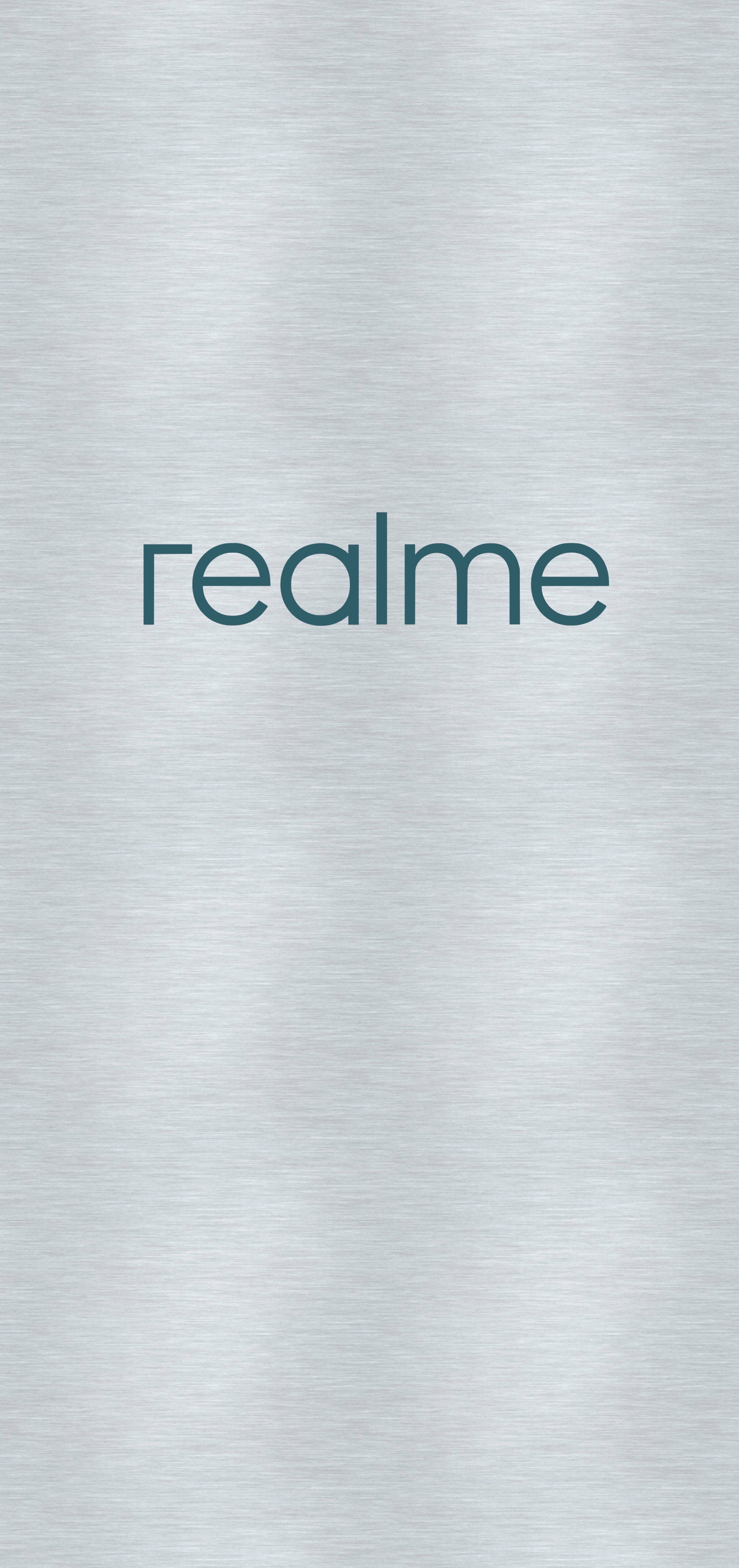 Realme Logo, teal font, brushed silver metallic background, 4K Phone Wallpaper