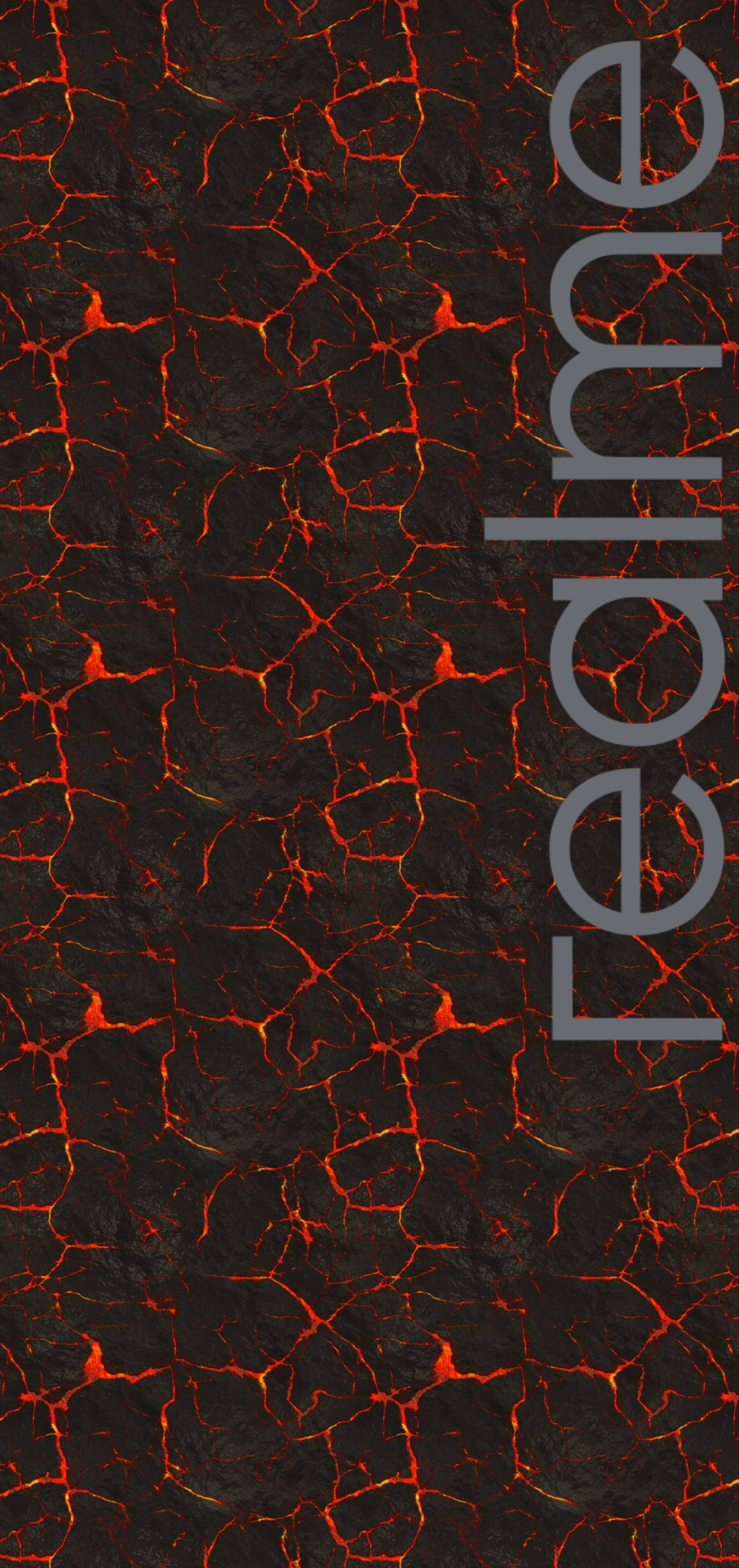 Realme Logo, magma, fiery cracked lava surface, 4K Phone Wallpaper