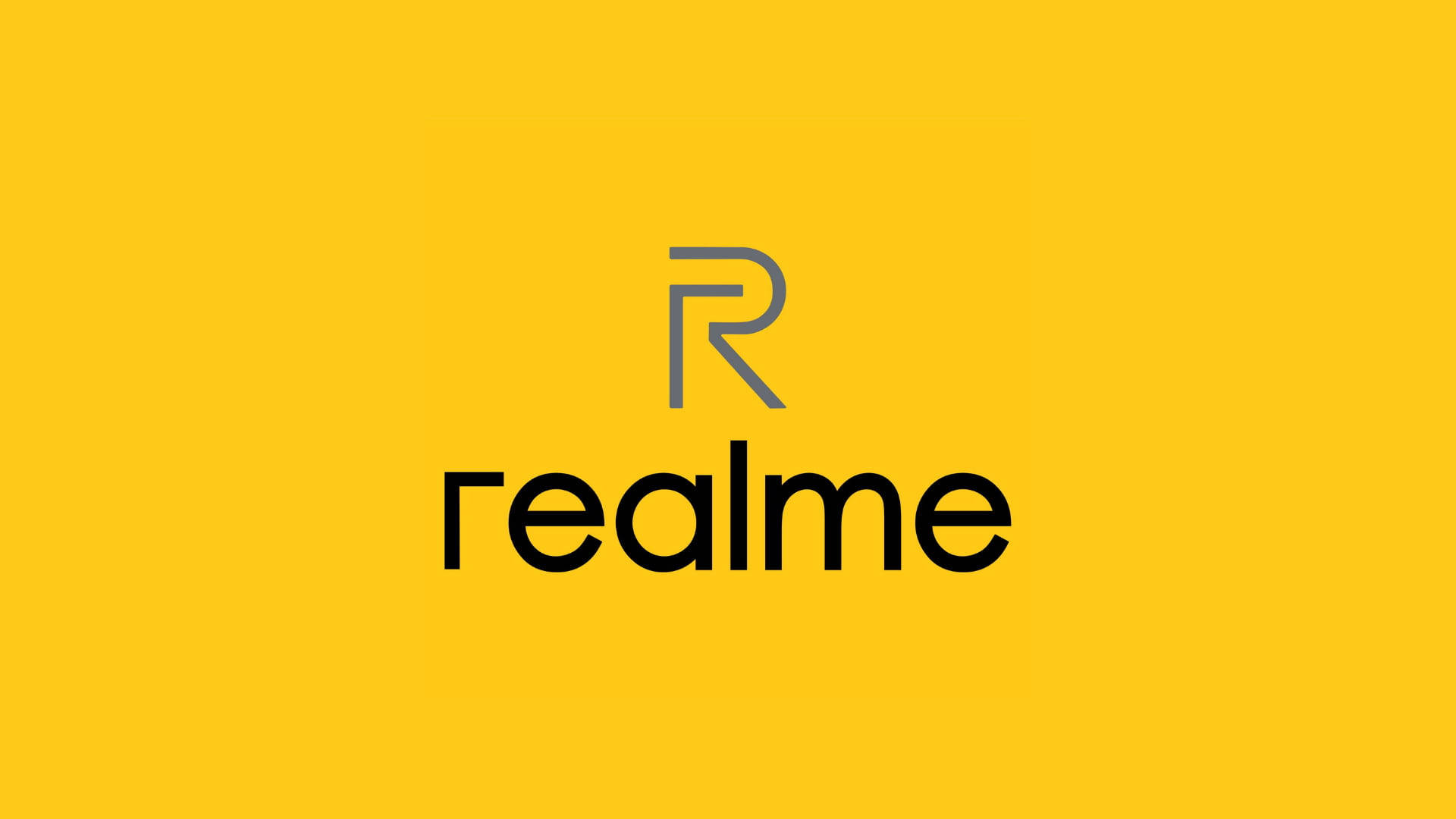 Realme Logo, yellow background, black logo, Full HD Desktop Wallpaper