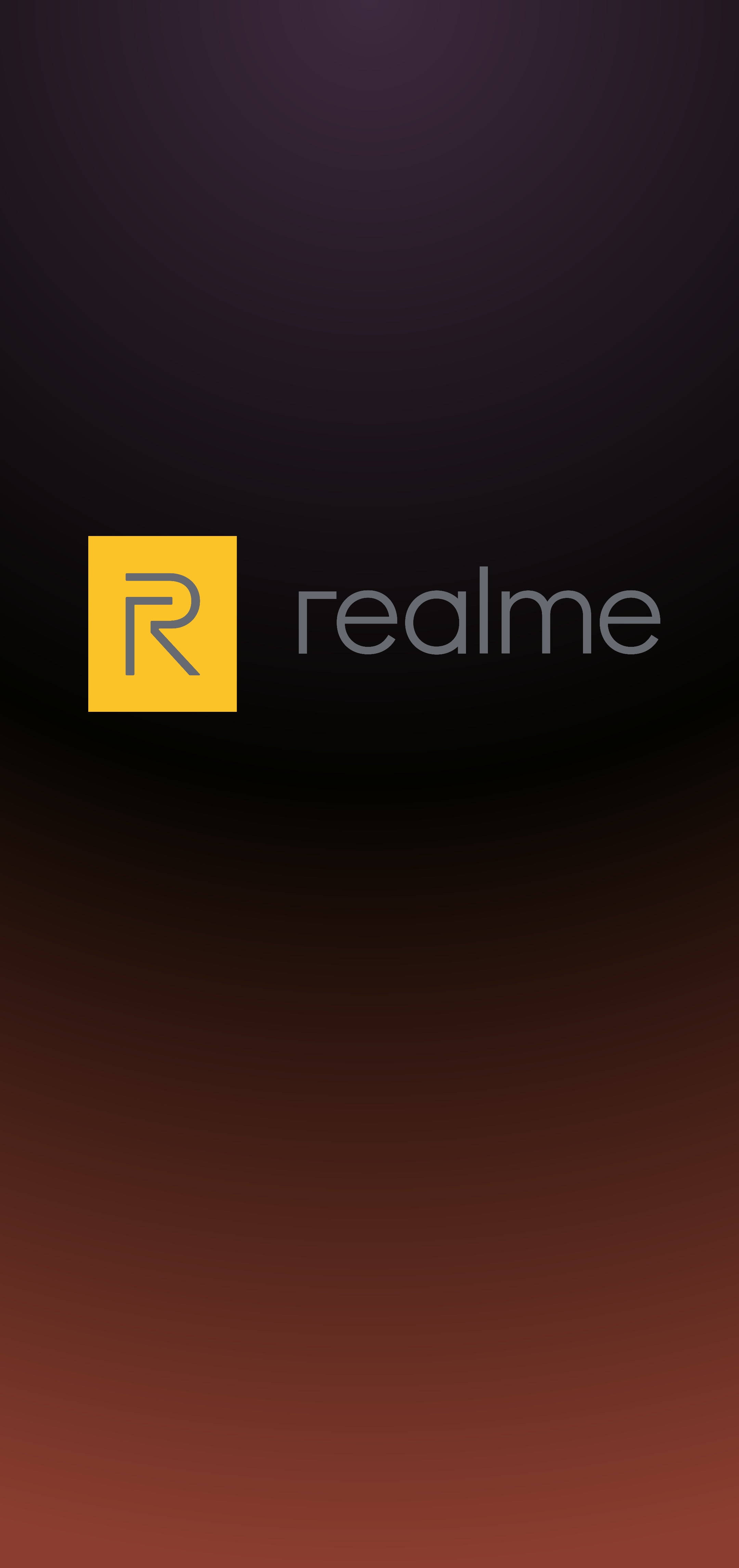 Realme Logo, black brown gradient, dark purple to deep red background, 4K Phone Wallpaper