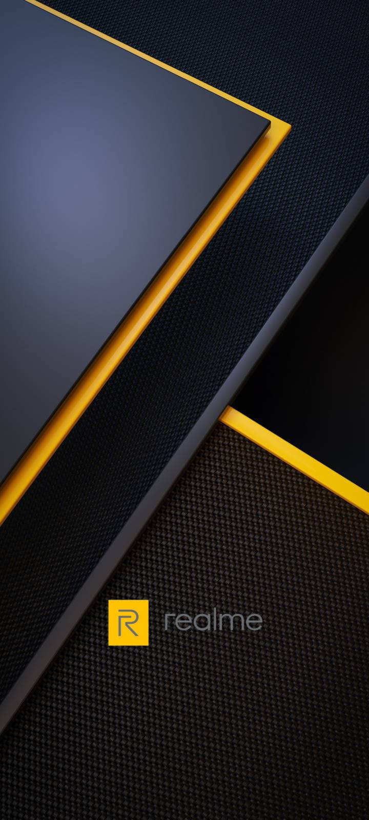 Realme Logo, black carbon fiber textures, bold yellow accents, HD Phone Wallpaper