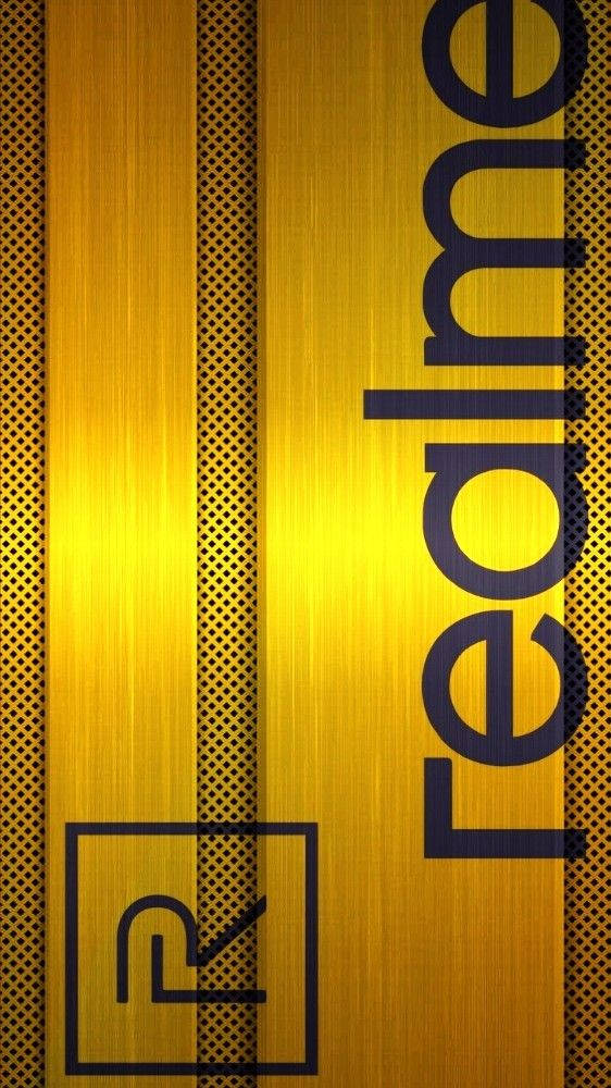 Realme Logo, golden metal texture, dark blue, SD Phone Wallpaper