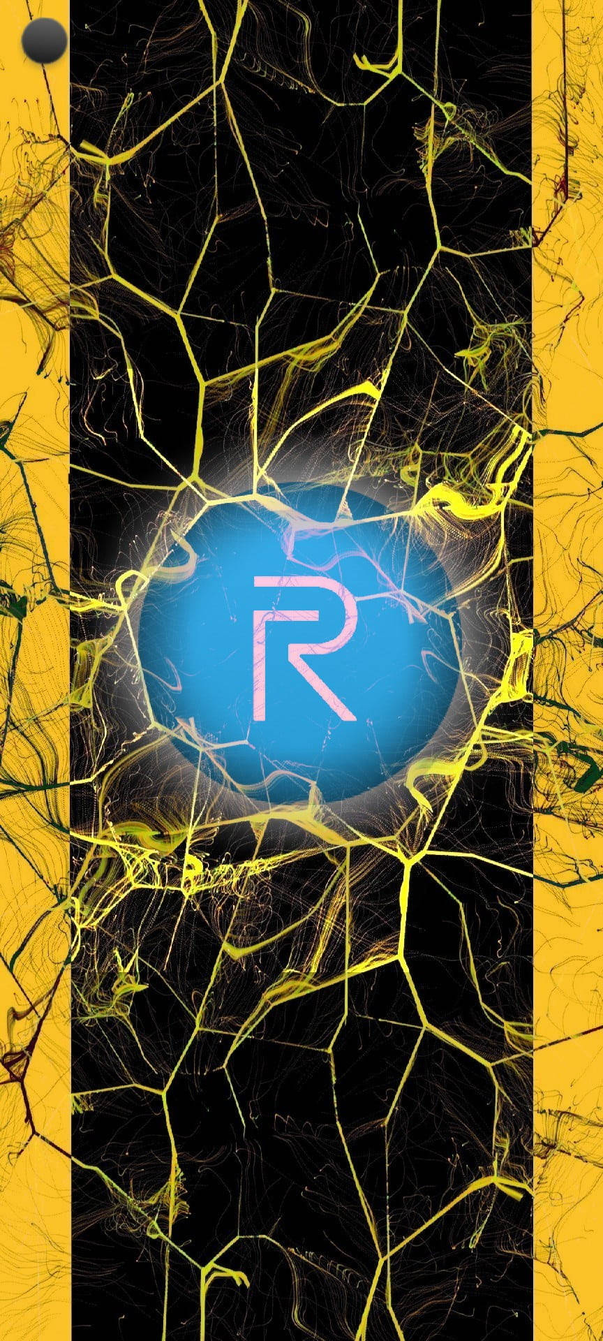 Realme Logo, yellow marble, glowing blue circle, Full HD Phone Wallpaper