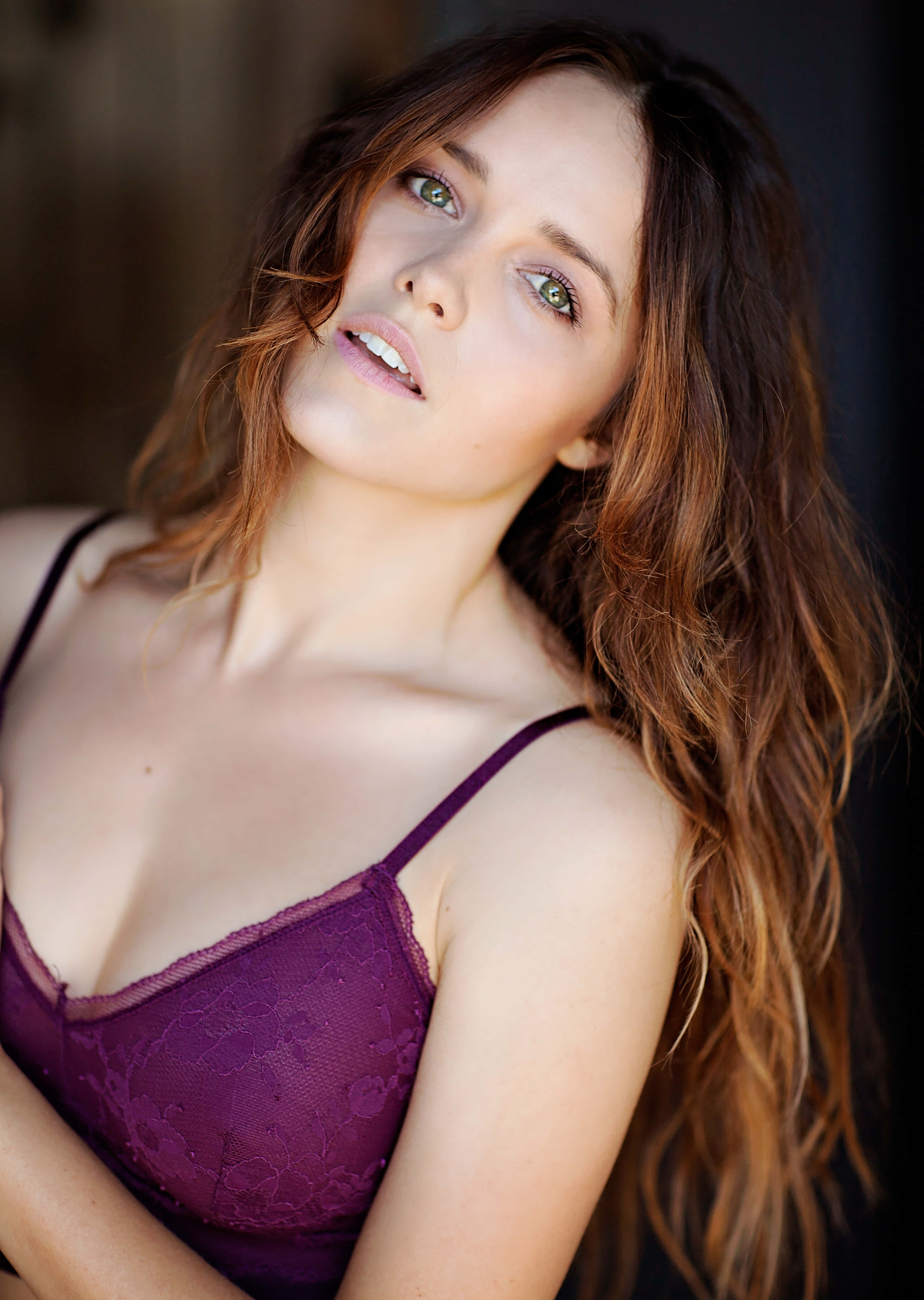 Rebecca Breeds, purple lace camisole, long wavy brown hair, 5K Phone Wallpaper