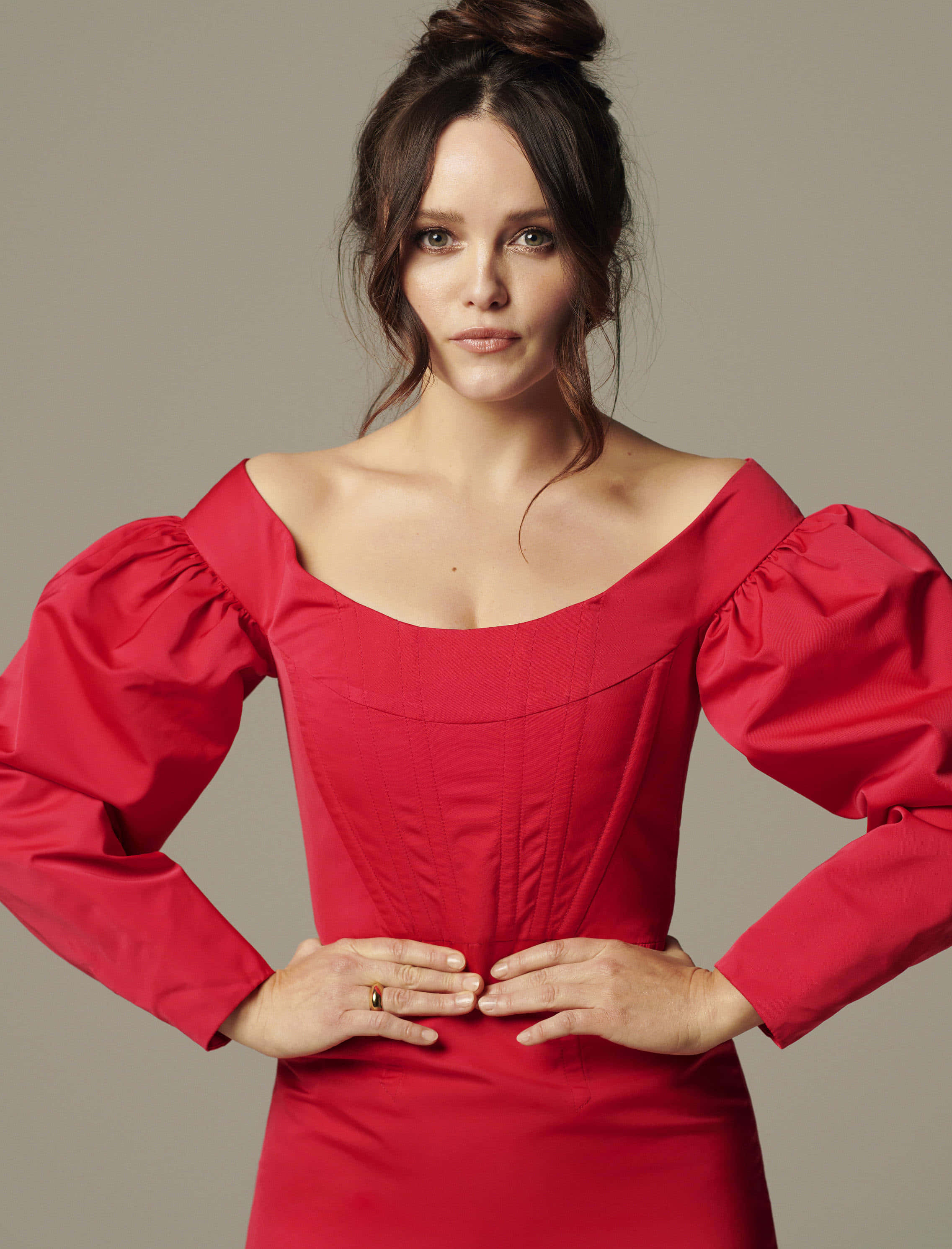 Rebecca Breeds, bold red off-shoulder dress, puffed sleeves, 2K Phone Wallpaper