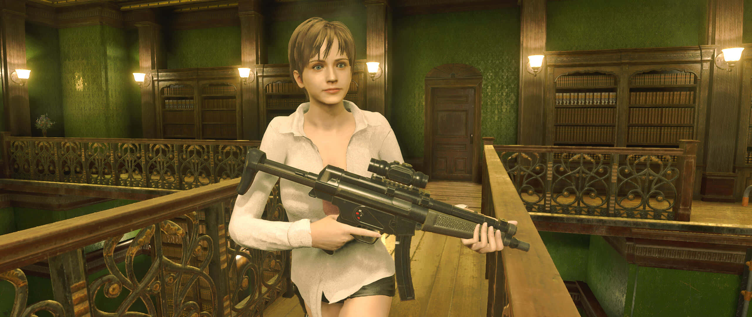 Rebecca Chambers, black assault rifle, wooden balcony, 2K Desktop Wallpaper