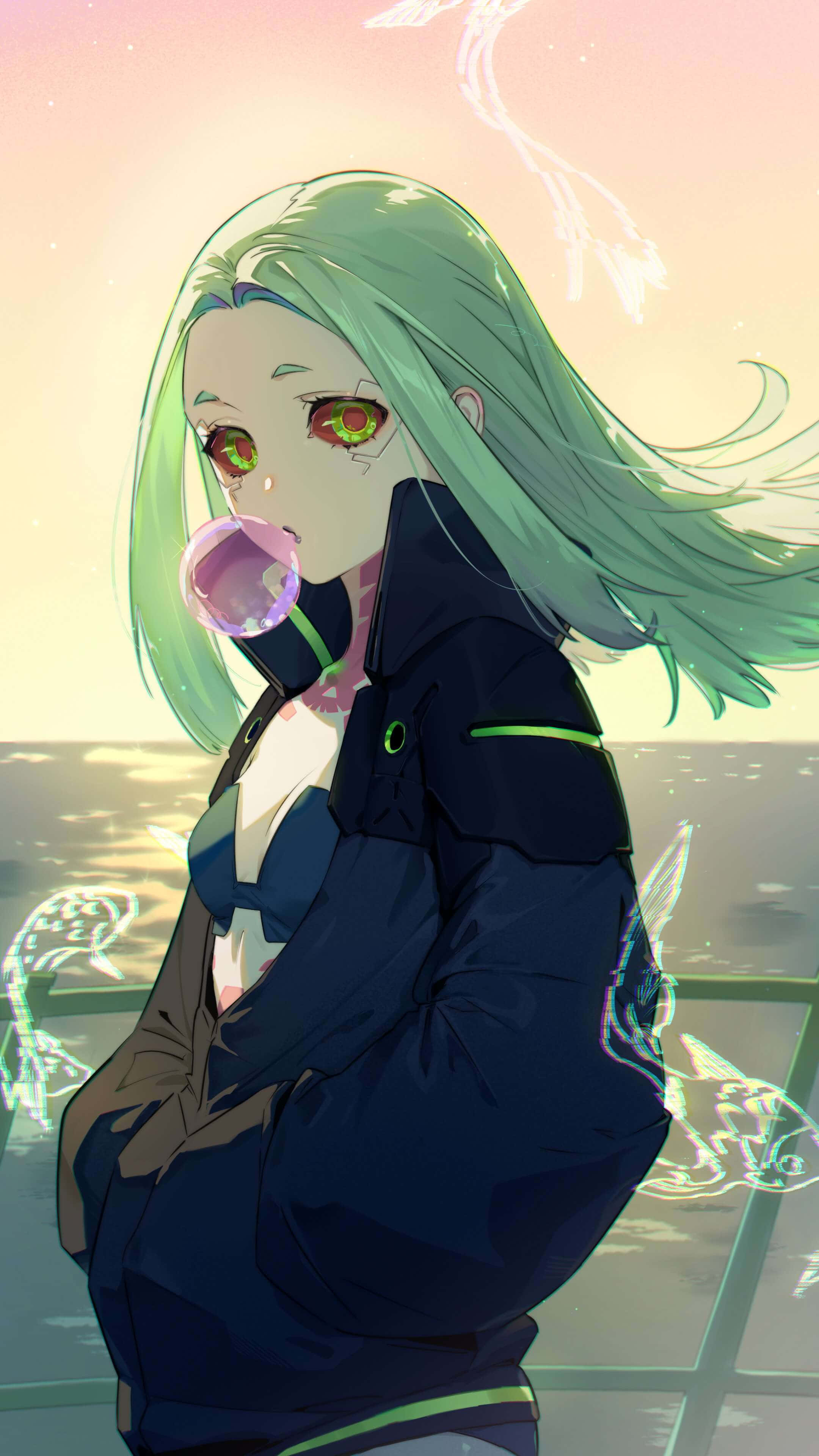 Cyberpunk Girl, green-haired, glowing eyes, 4K Phone Wallpaper