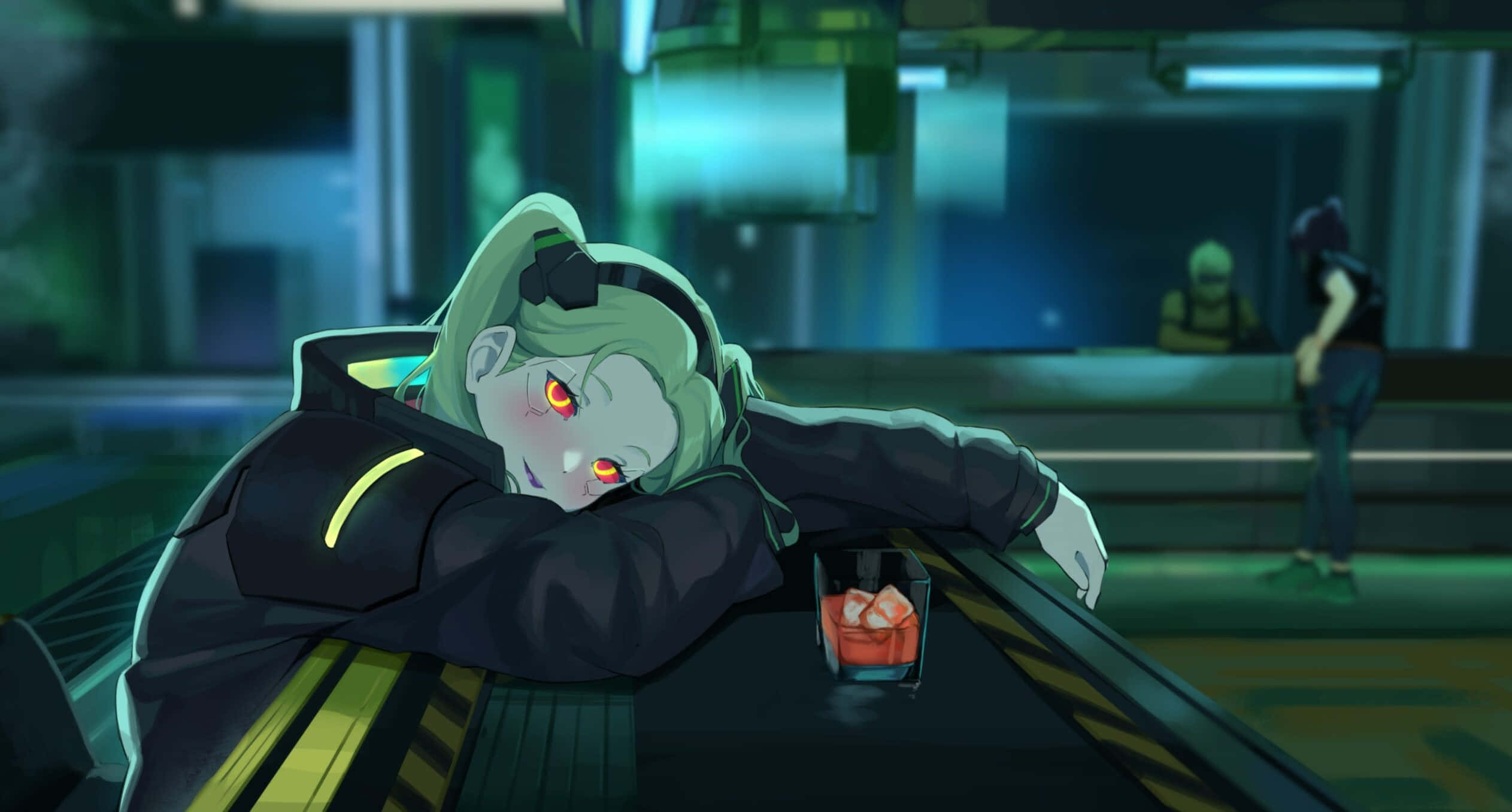 Rebecca, Cyberpunk Bar Rest Scene, neon-lit futuristic bar, Full HD Desktop Wallpaper