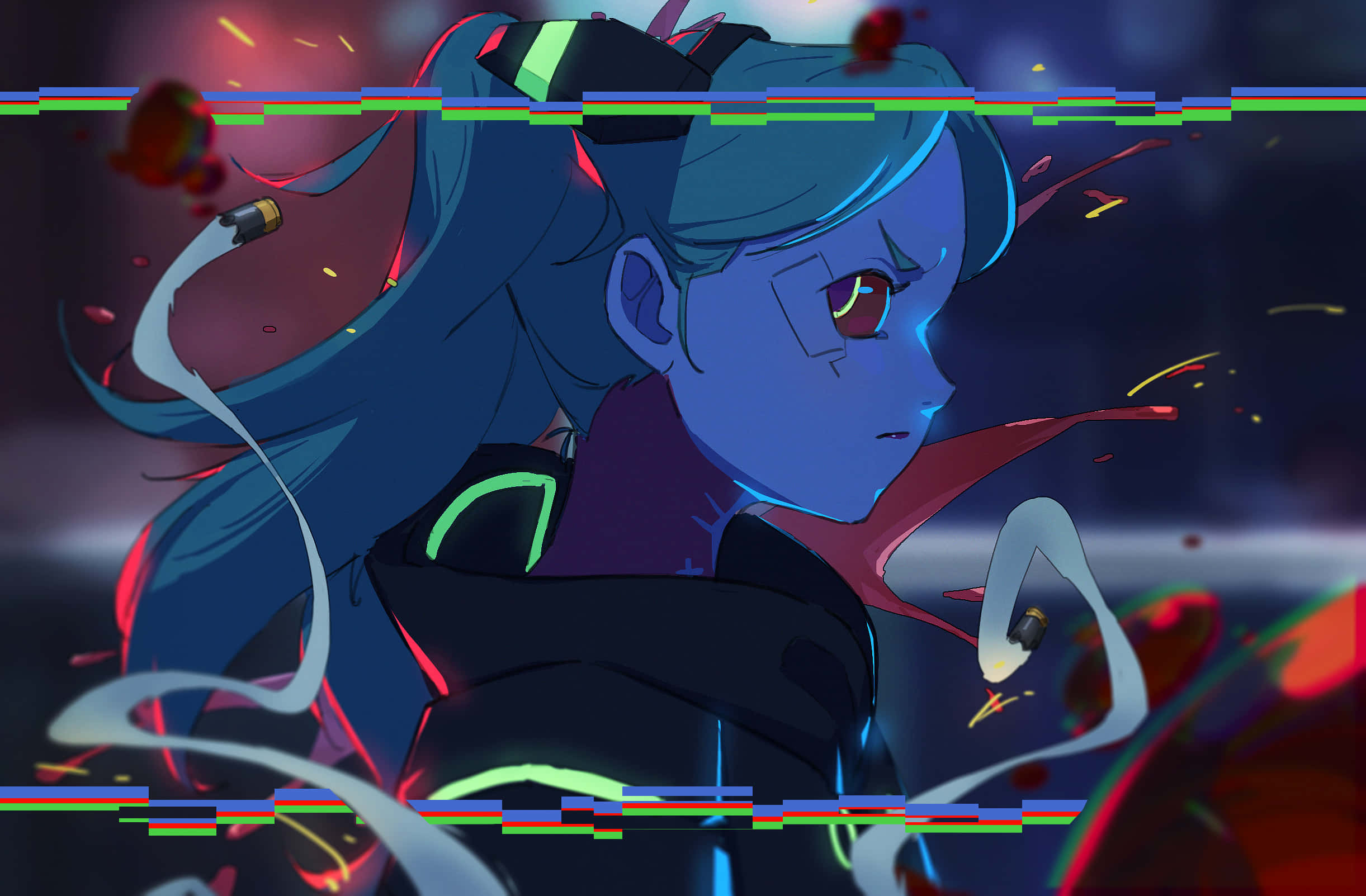 Cyberpunk Glitch Portrait, blue-haired anime girl, glowing eyes, Full HD Desktop Wallpaper