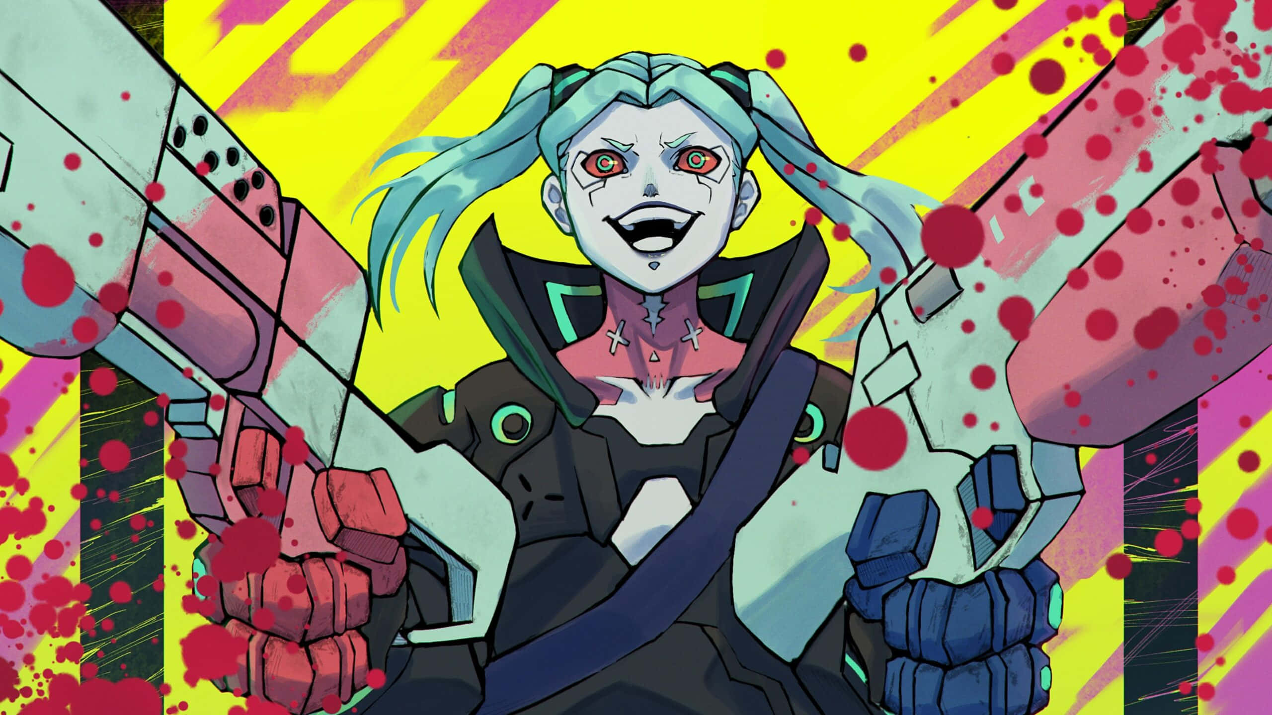 Cyberpunk Rebecca, blue pigtails, red eyes, 2K Desktop Wallpaper