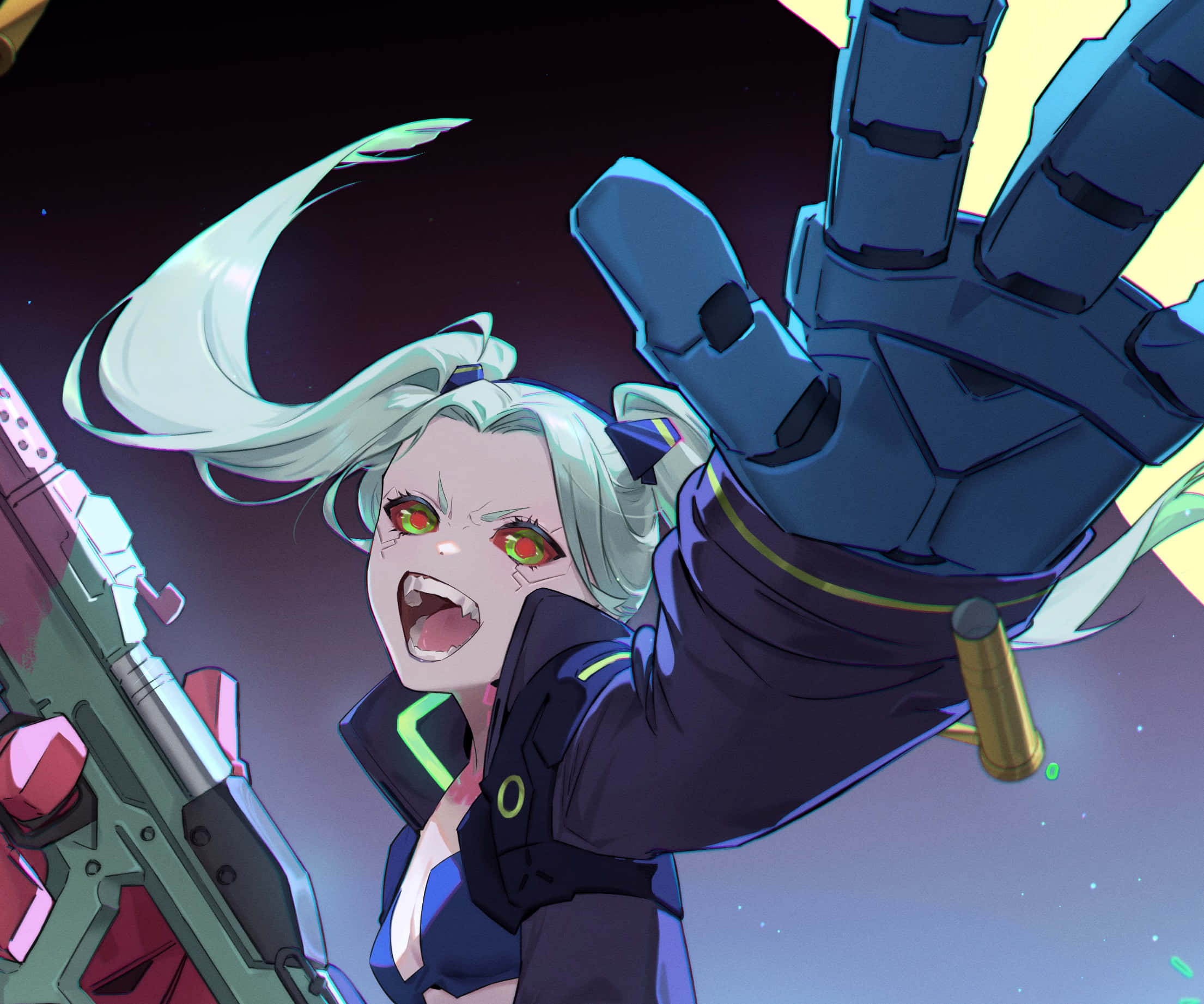 Cyberpunk Rebecca, glowing red eyes, white hair, Full HD Desktop Wallpaper