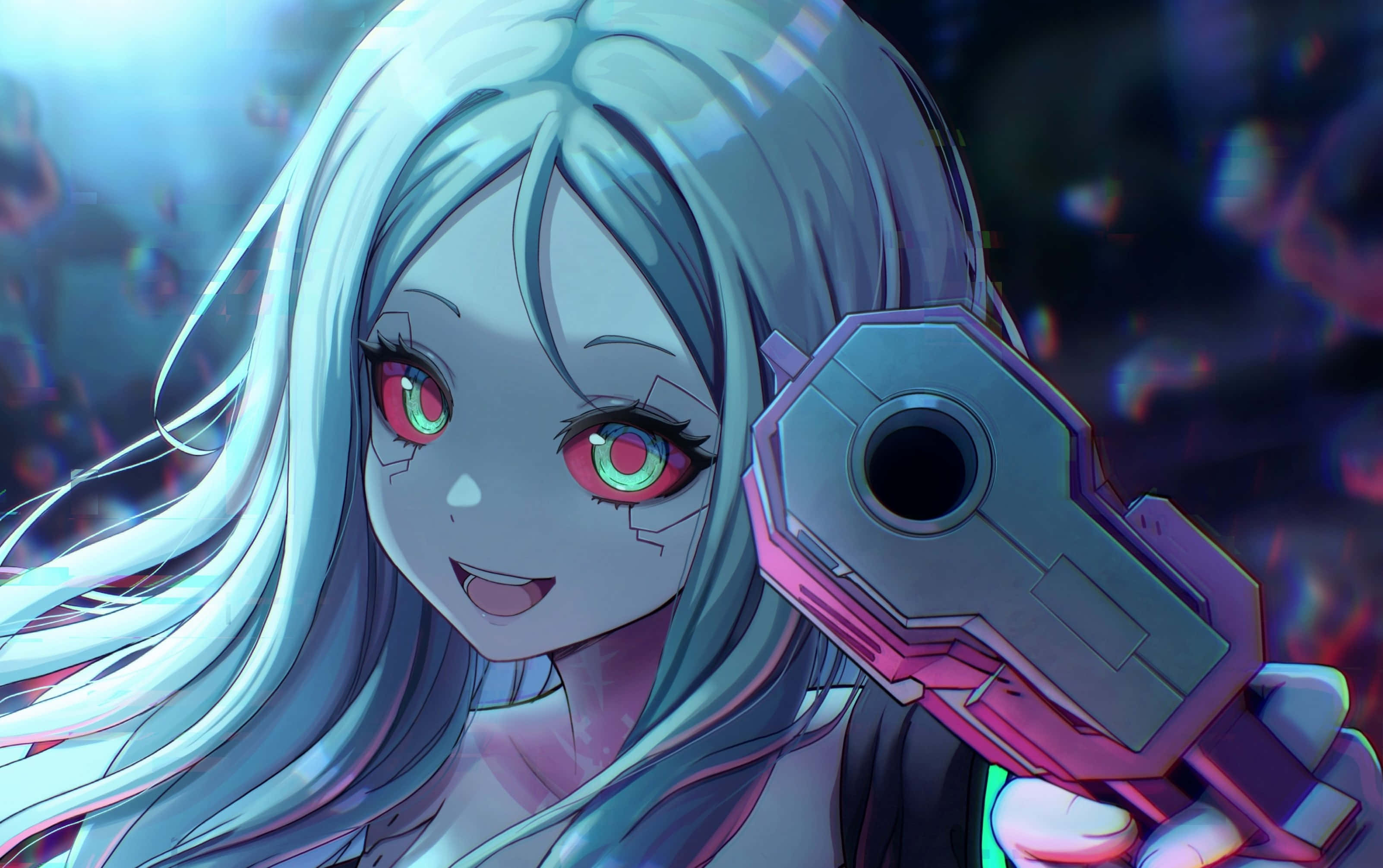 Cyberpunk Anime Girlwith Gun, glowing red eyes, silver hair, 2K Desktop Wallpaper
