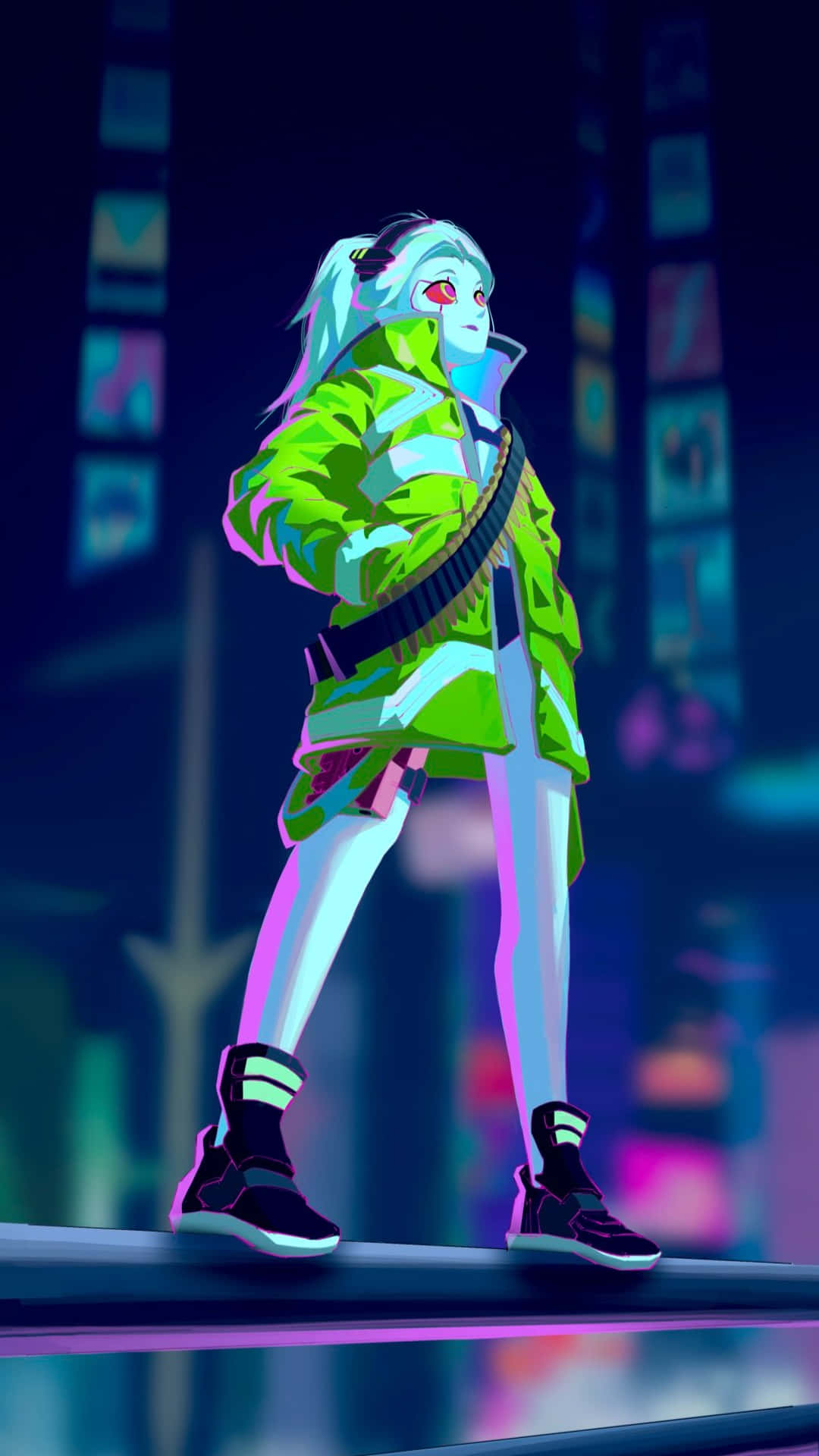 Rebecca, neon green jacket, glowing eyes, Full HD Phone Wallpaper