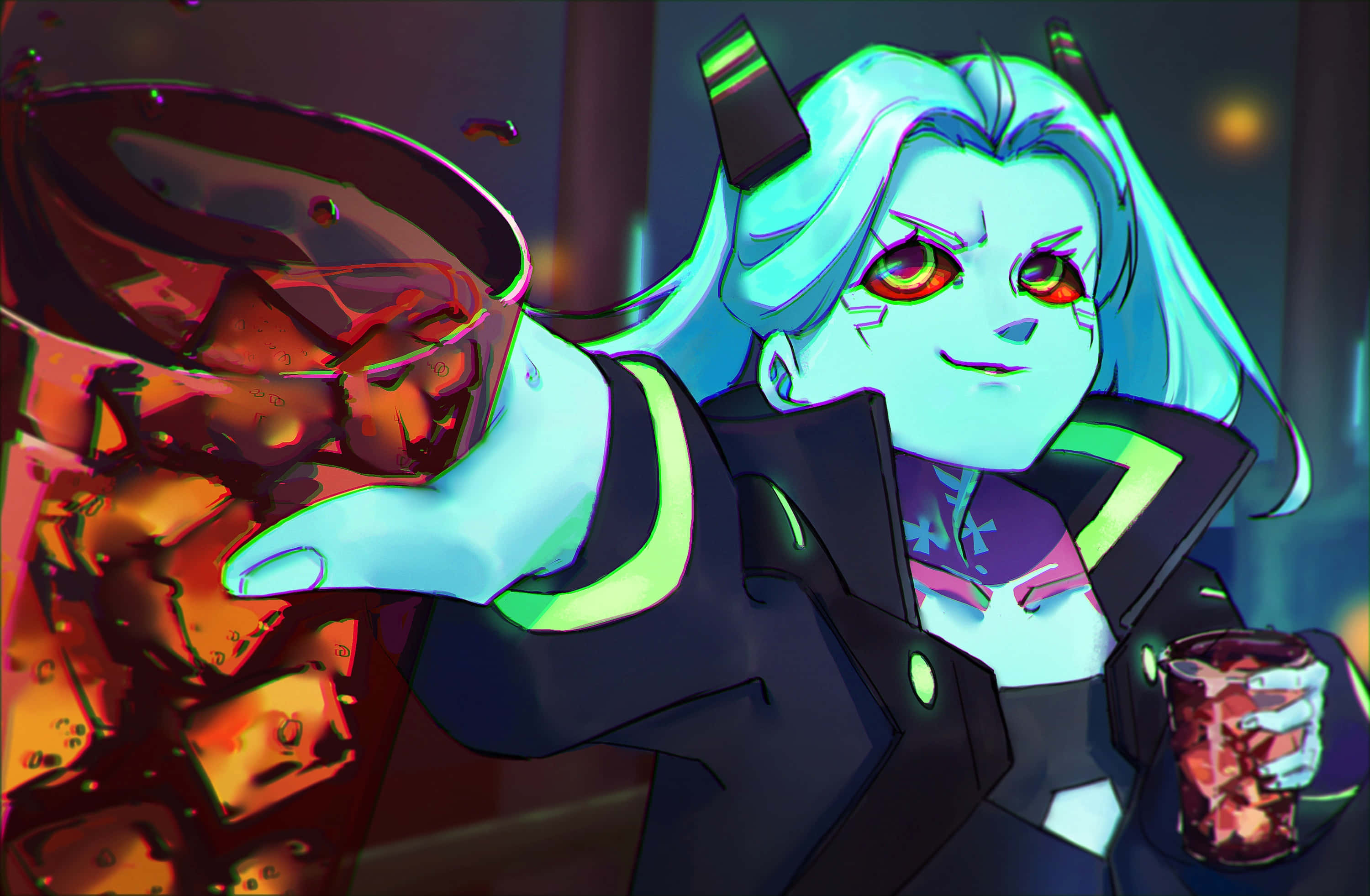 Cyberpunk Rebecca, glowing cyan hair, red eyes, 2K Desktop Wallpaper
