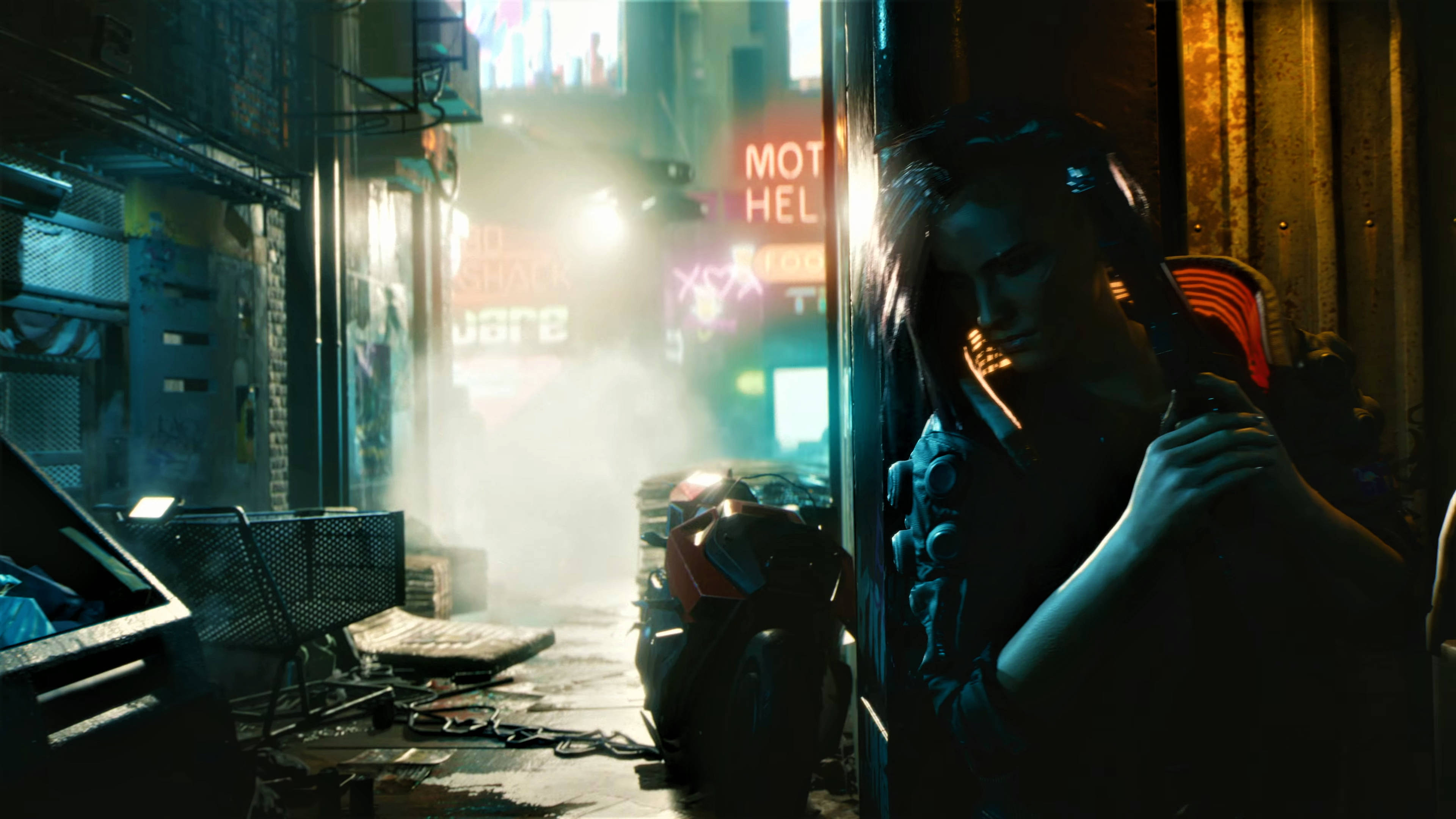 Cyberpunk 2077, female V, neon-lit cyberpunk alleyway, 4K Desktop Wallpaper