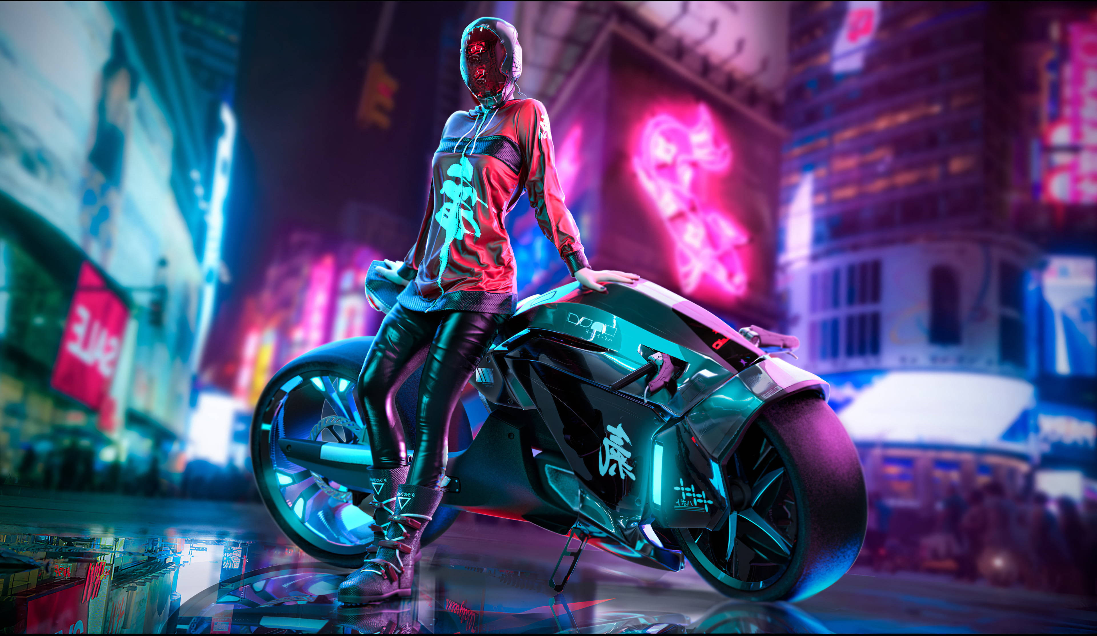 Cyberpunk 2077, neon-drenched futuristic motorcycle, rain-slicked urban night scene, 4K Desktop Wallpaper