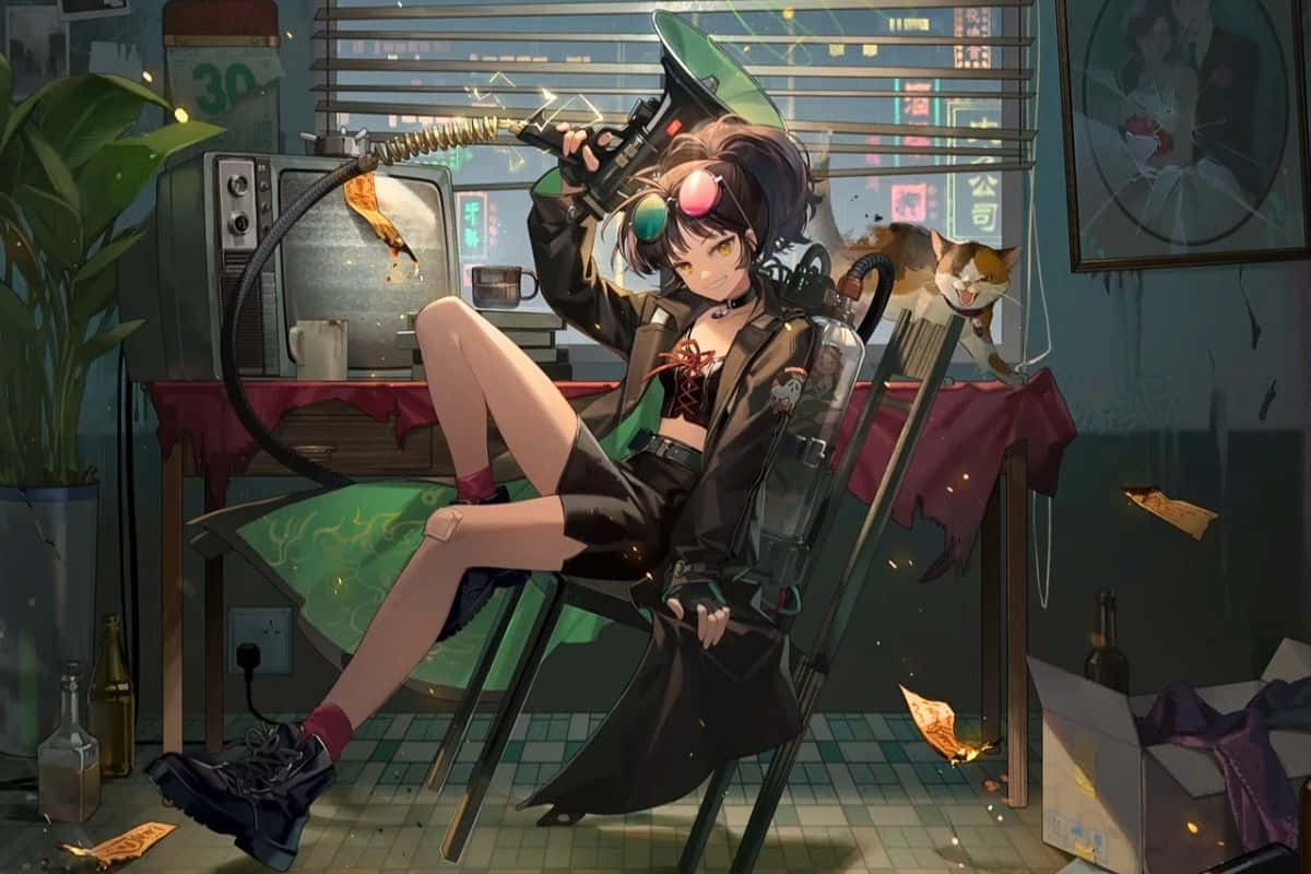 Cyberpunk Room, gamer girl, black outfit, SD Desktop Wallpaper