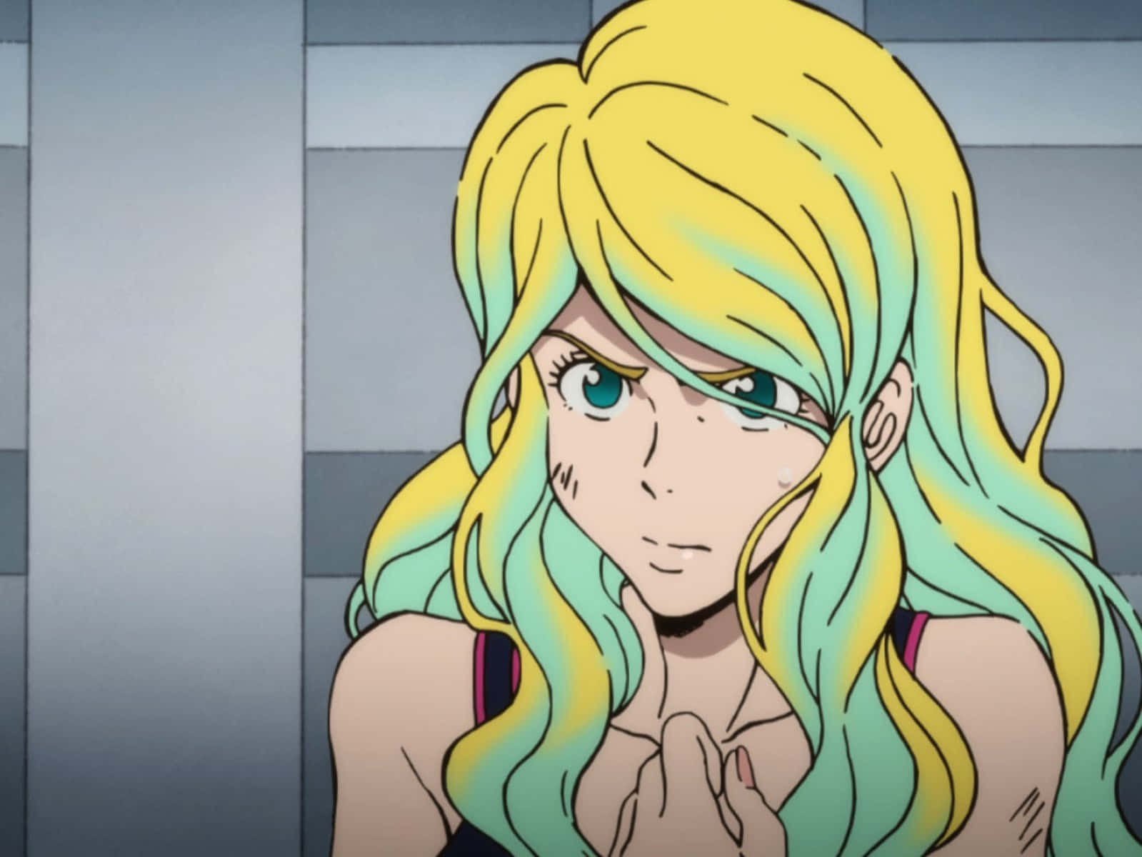 Rebecca Rossellini, vibrant yellow and teal hair, intense blue eyes, HD Desktop Wallpaper