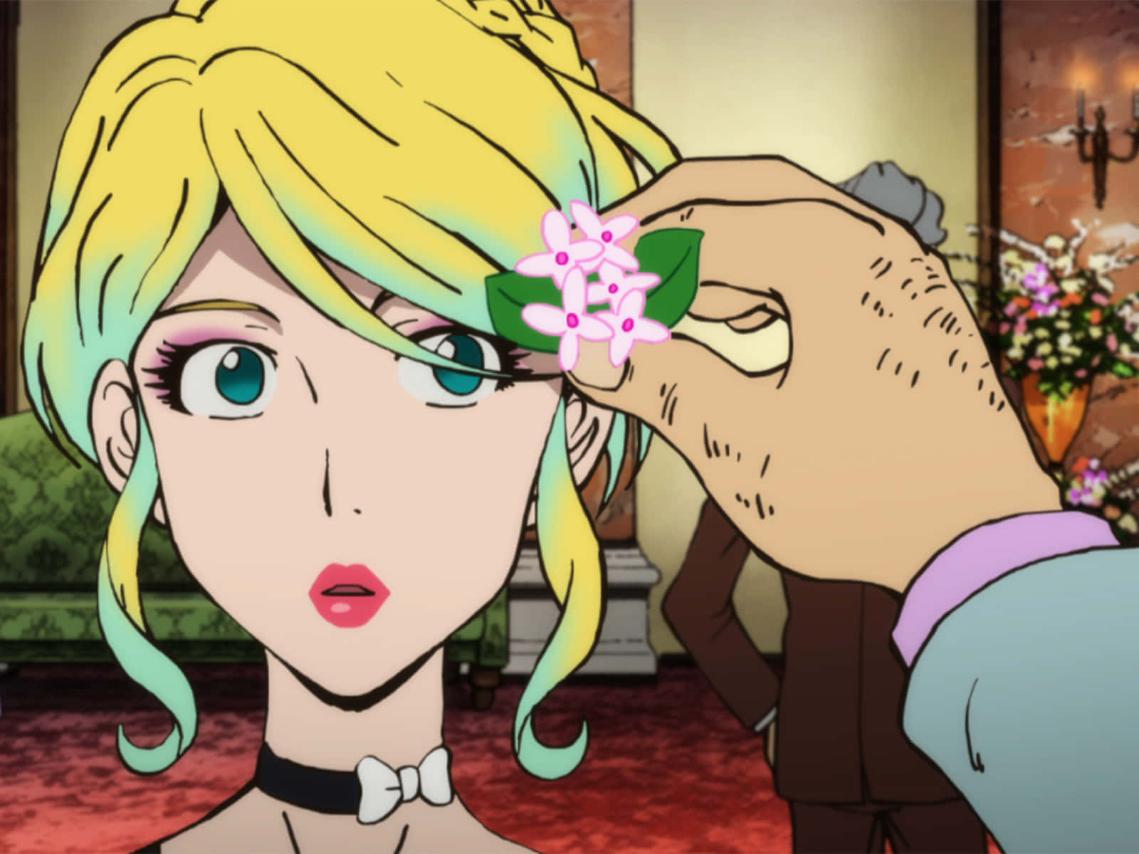 Rebecca Rossellini, pink flower, blonde anime woman, HD Desktop Wallpaper