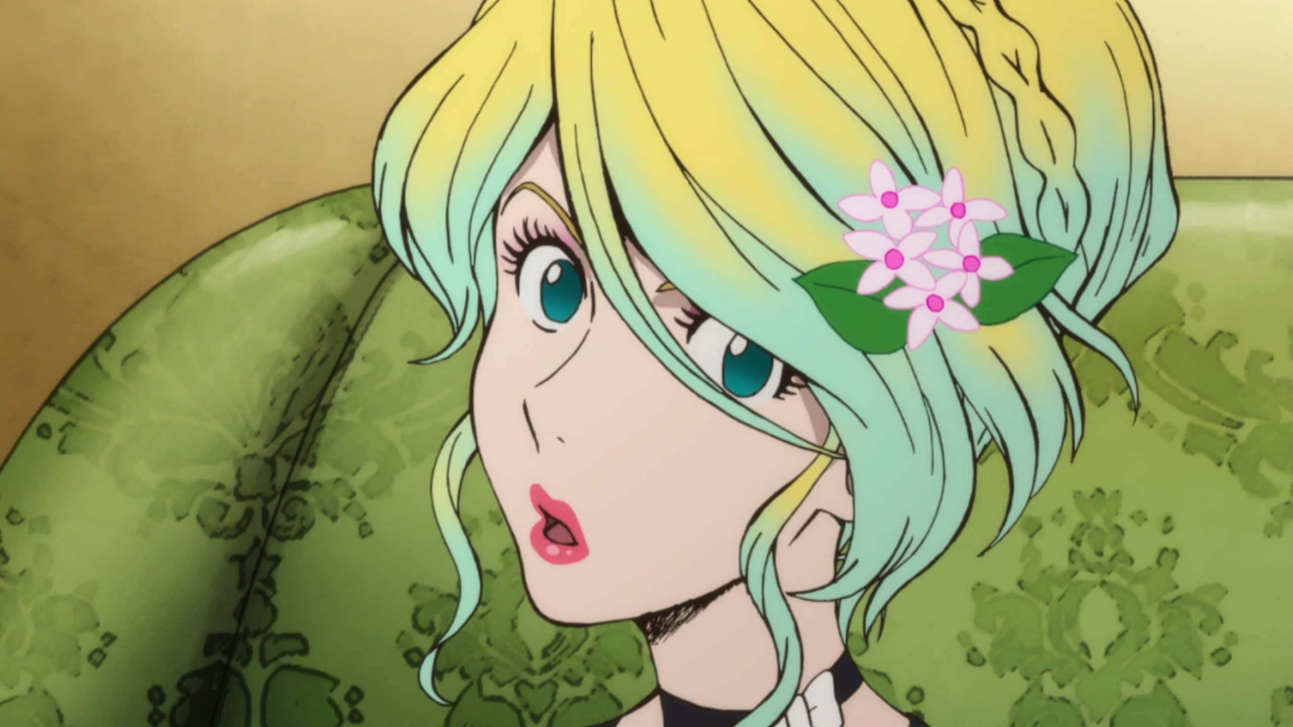 Rebecca Rossellini, anime portrait, gradient blonde and teal hair, 2K Desktop Wallpaper