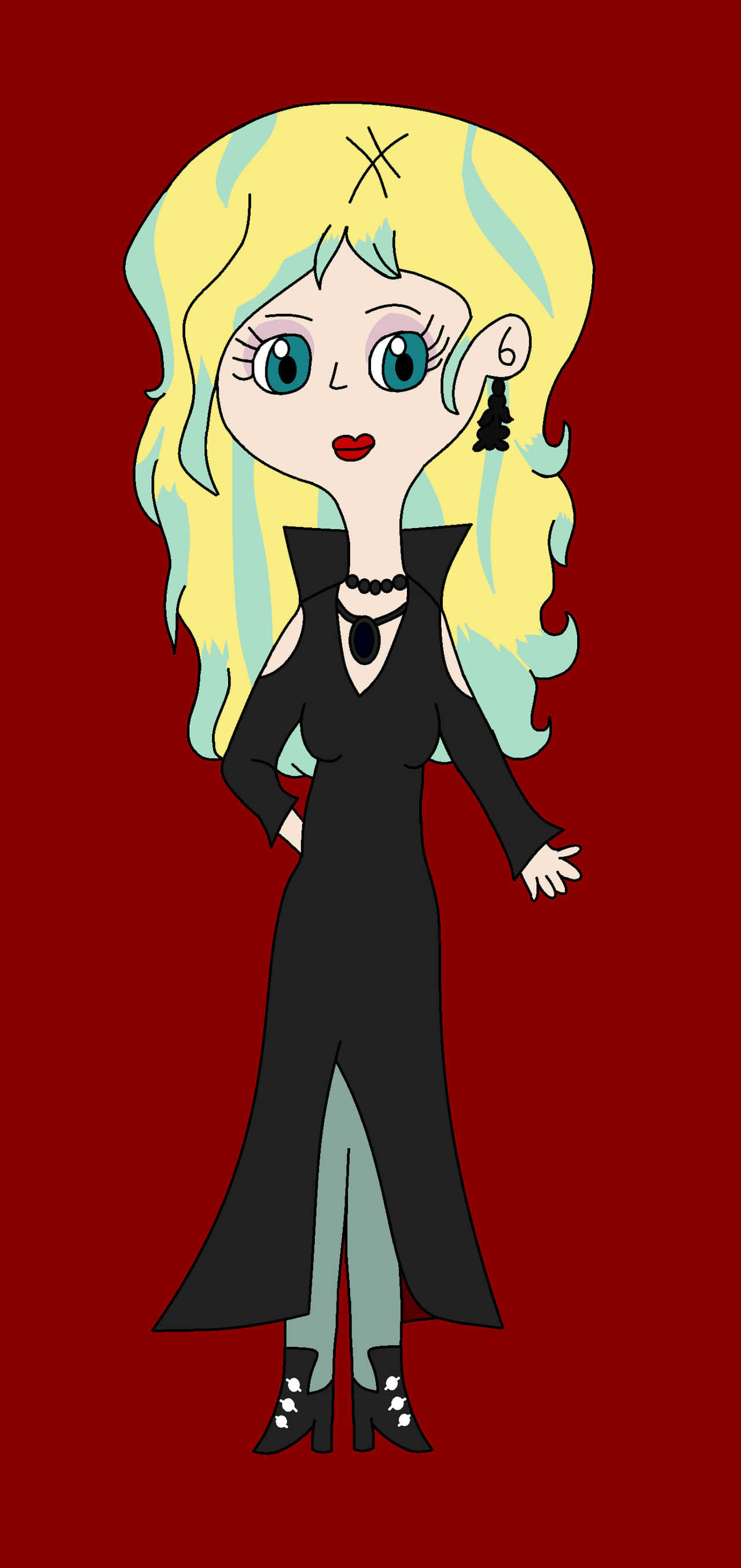 Rebecca Rossellini, blonde and teal hair, black dress, 2K Phone Wallpaper