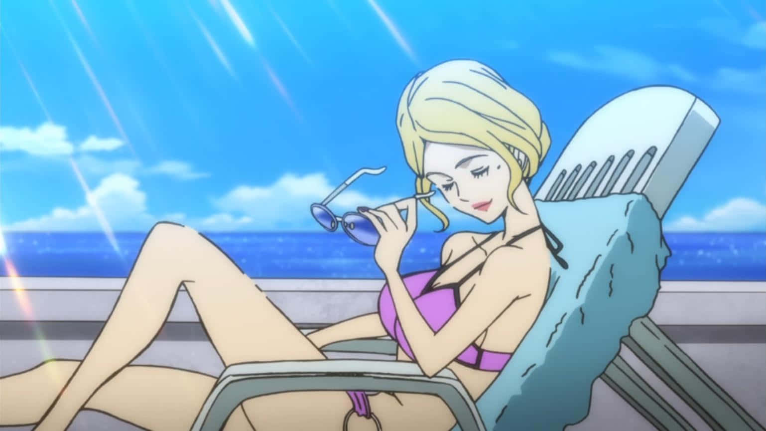Rebecca Rossellini, purple bikini, beach chair, HD Desktop Wallpaper