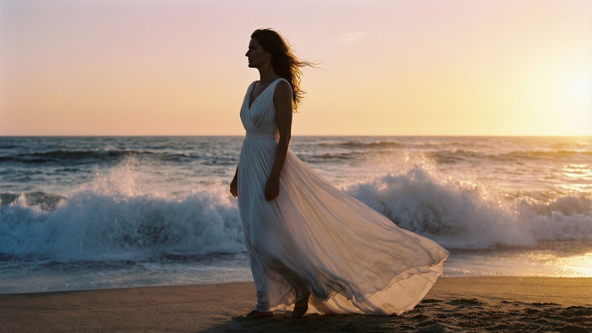 Rebecca Rossellini, beach, sunset, Full HD Desktop Wallpaper