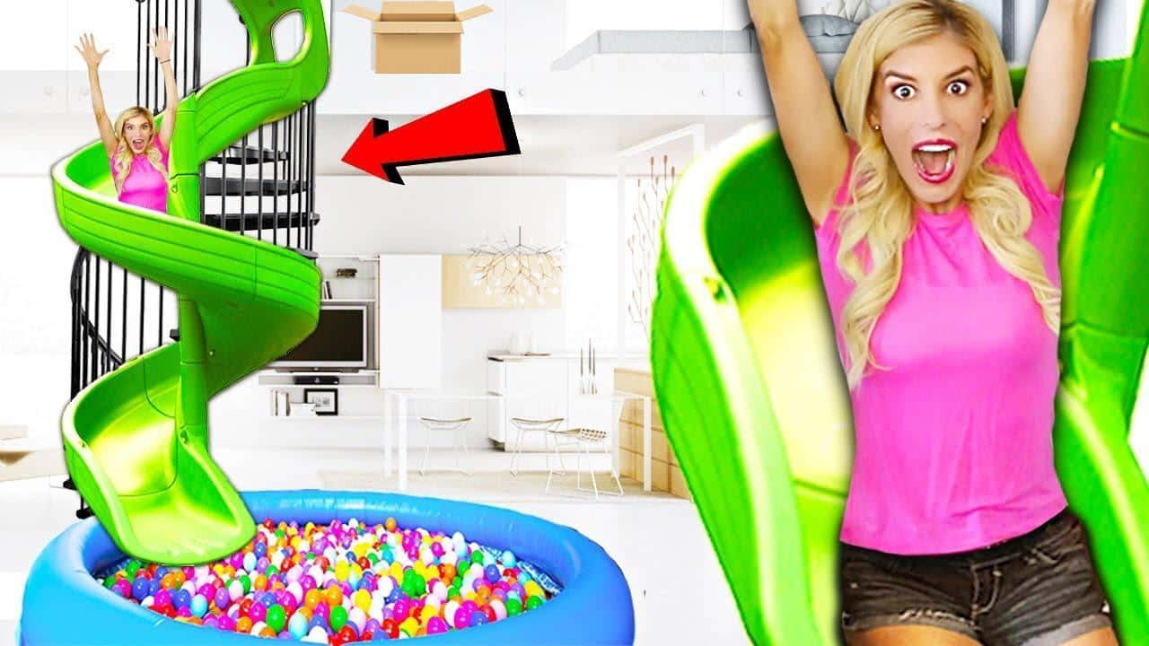 Rebecca Zamolo, pink shirt, bright green spiral slide, HD Desktop Wallpaper