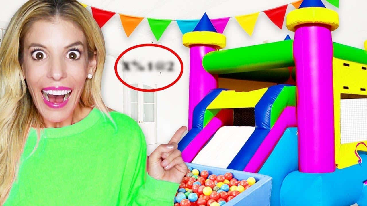 Rebecca Zamolo, bright green shirt, colorful inflatable bounce house, HD Desktop Wallpaper