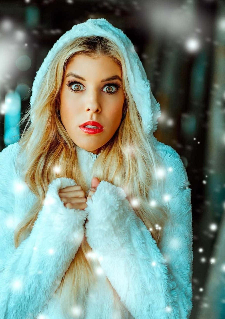 Rebecca Zamolo, light blue hooded coat, snowflakes, SD Phone Wallpaper