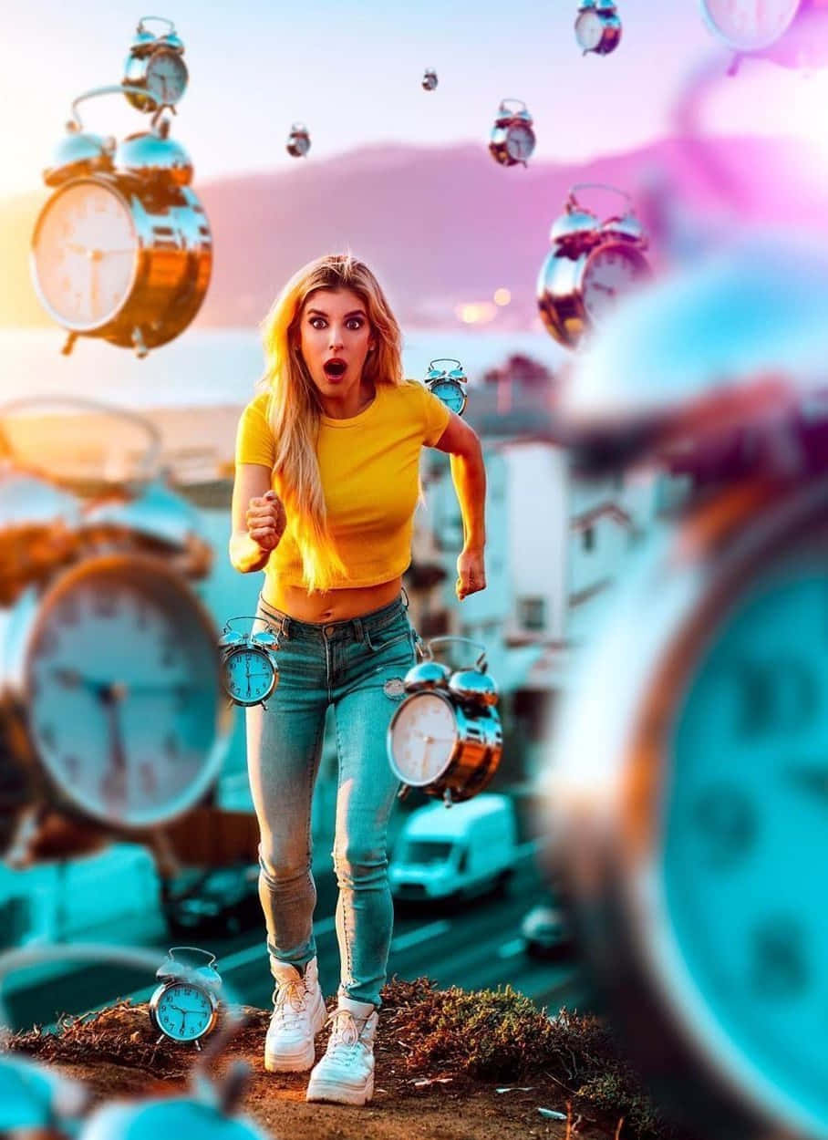Rebecca Zamolo, yellow shirt, surreal landscape, SD Phone Wallpaper