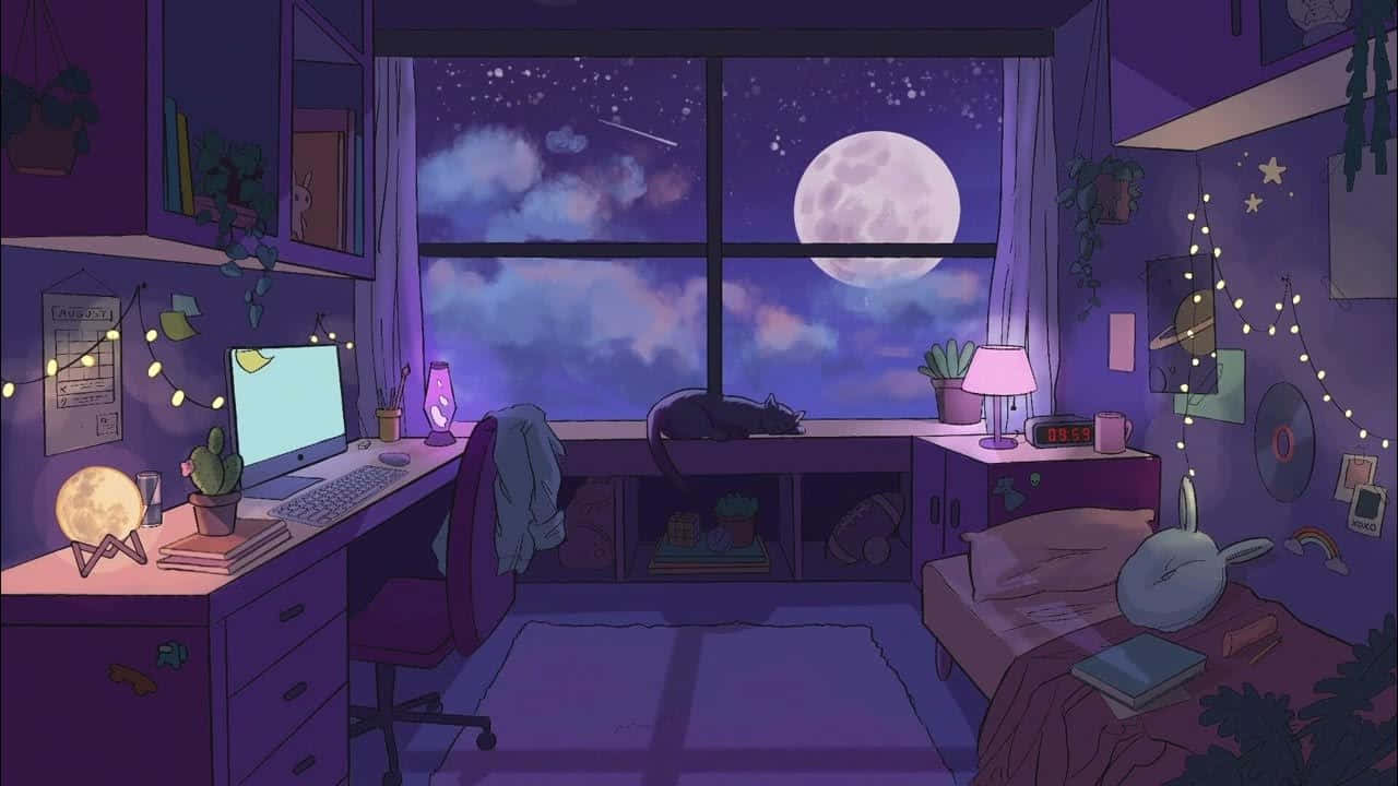 lo fi room, purple bedroom, cat sleeping, HD Desktop Wallpaper