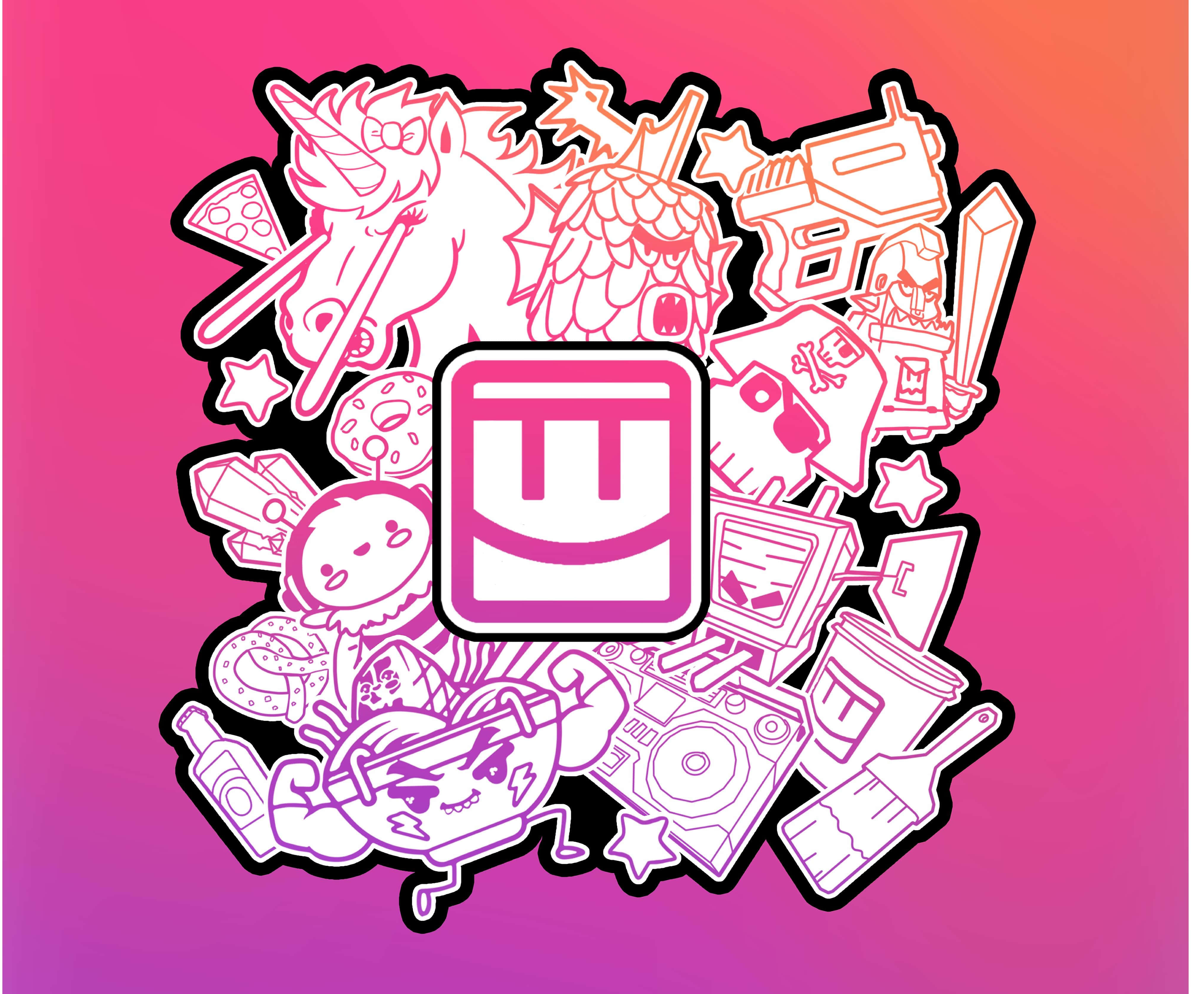 Rec Room, vibrant pink gradient, white outlined stickers, 4K Desktop Wallpaper
