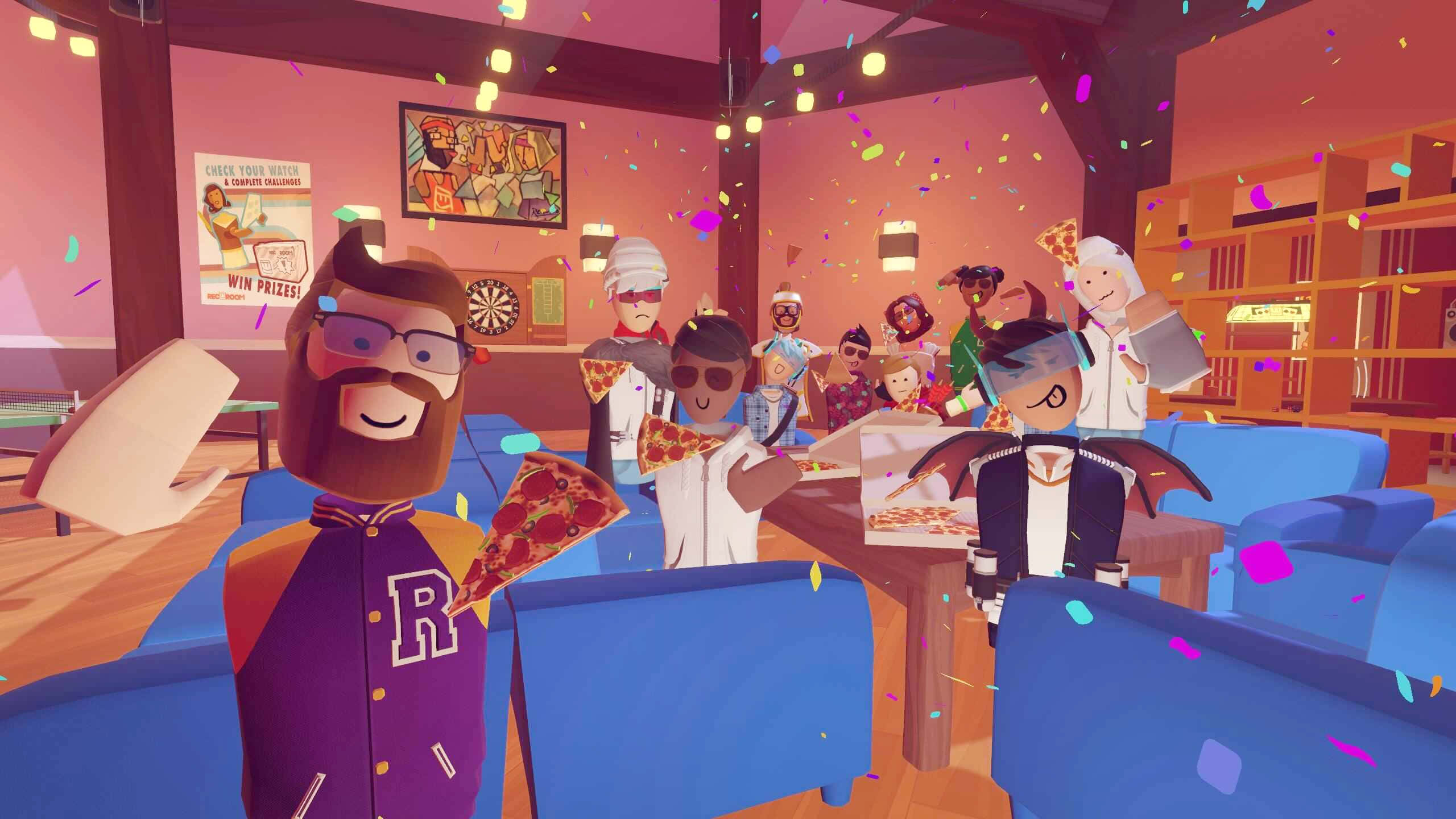 Rec Room, virtual pizza party, cartoon characters, 2K Desktop Wallpaper