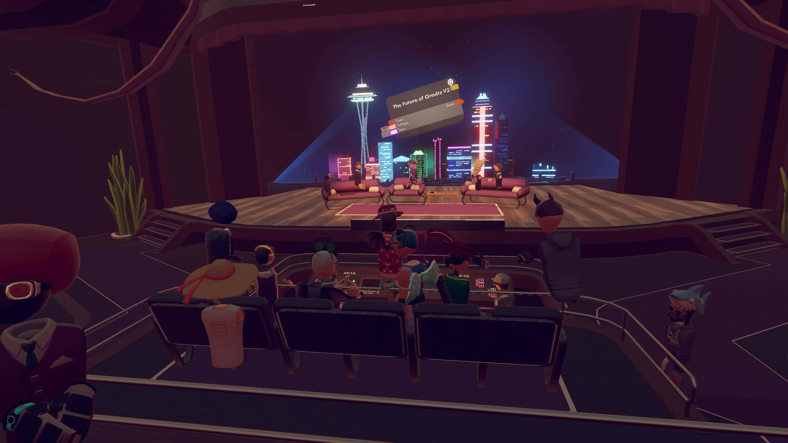 Rec Room, futuristic Seattle skyline, neon lights, 2K Desktop Wallpaper