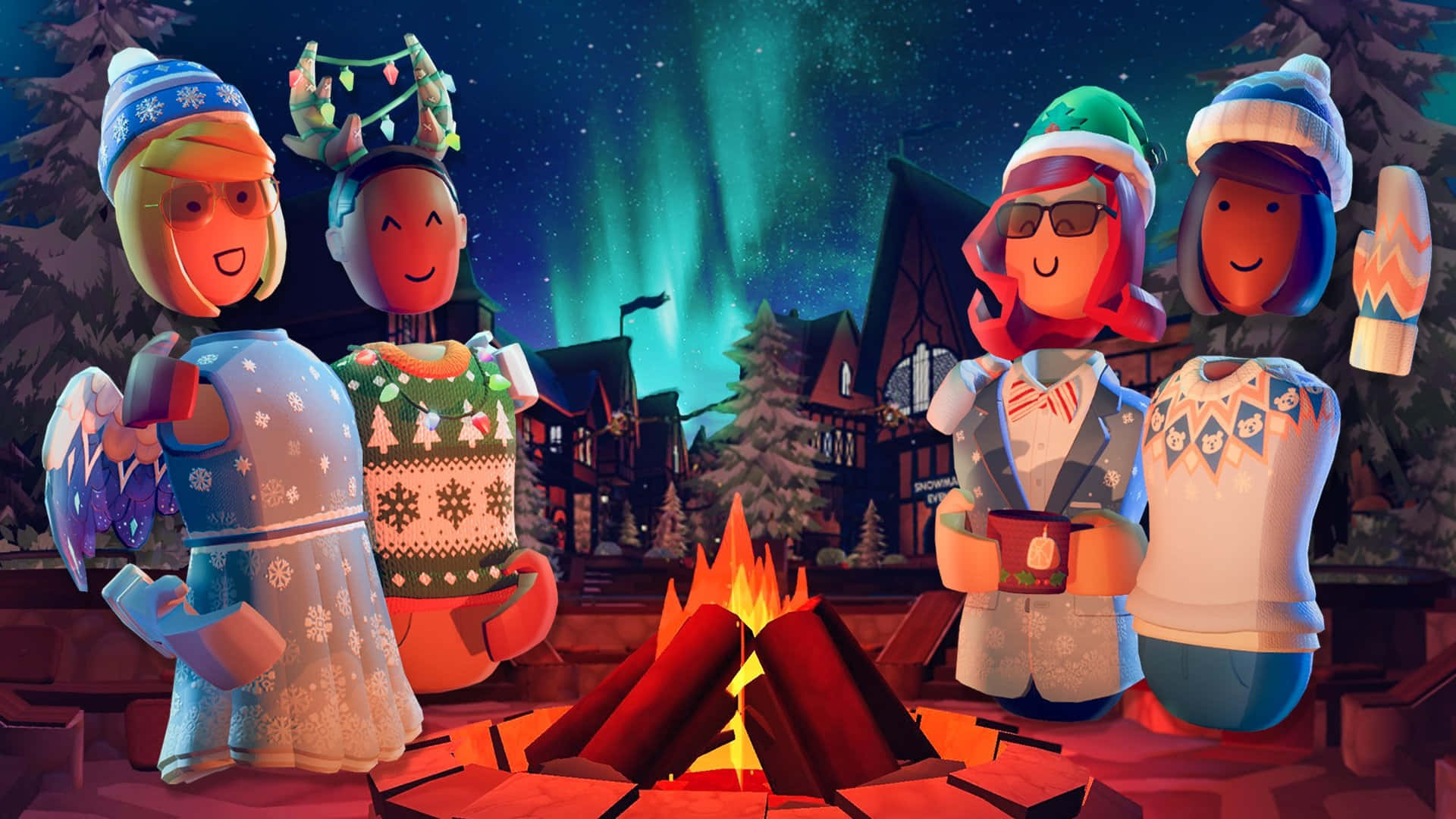 Rec Room, winter gathering, campfire, Full HD Desktop Wallpaper