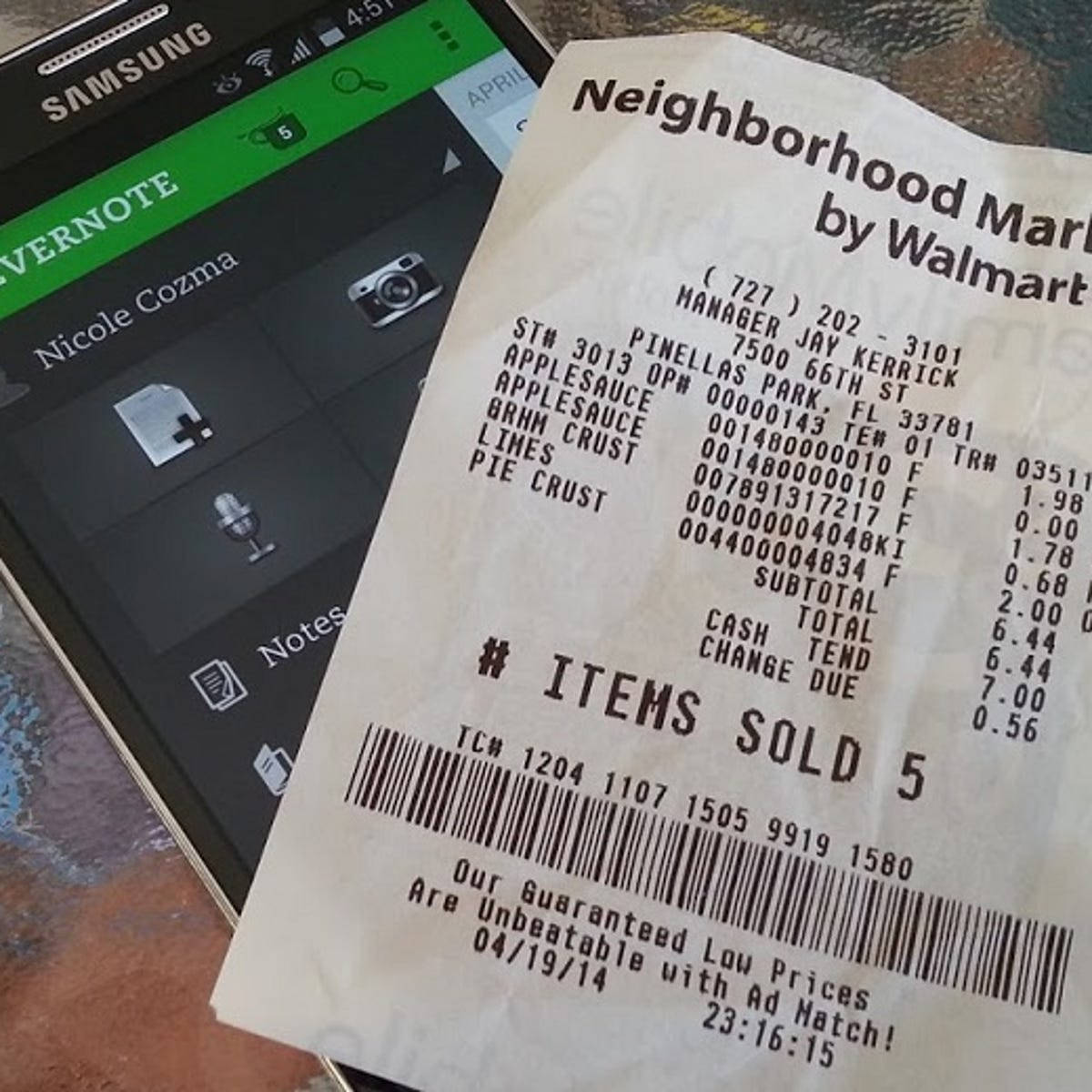 Walmart receipt, groceries, Samsung phone, SD Desktop Wallpaper