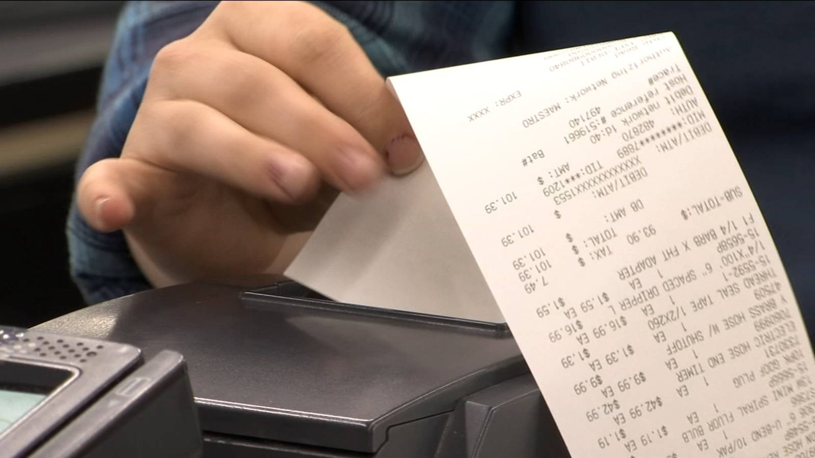 wide receipt, black cash register, hand, HD Desktop Wallpaper