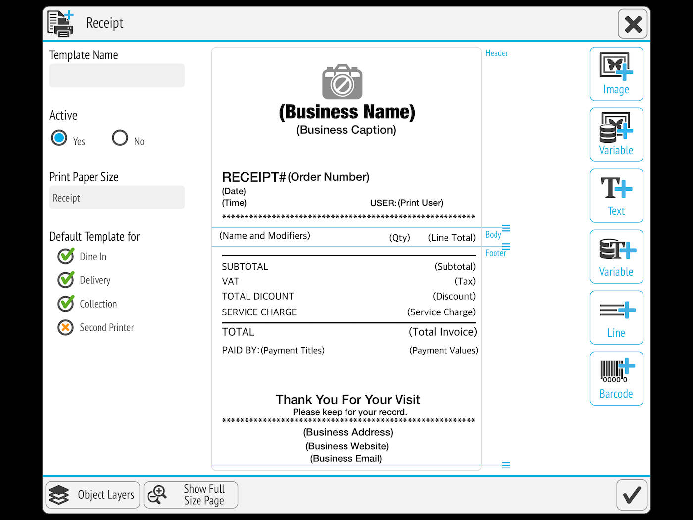 receipt template, digital receipt template editor interface, placeholders for business info, HD Desktop Wallpaper