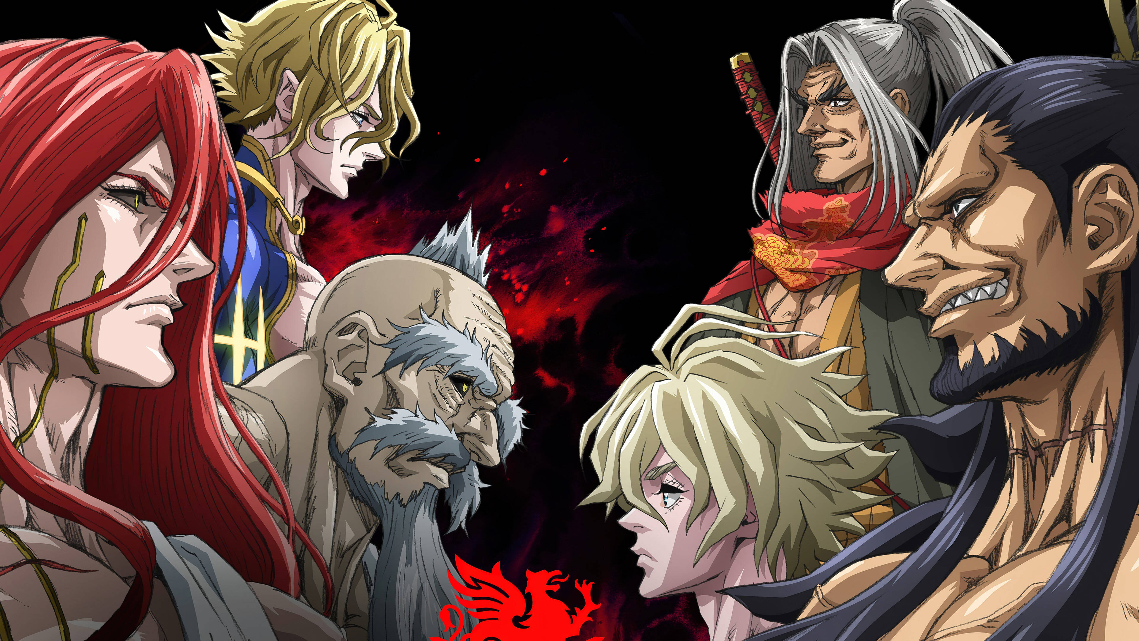 Record Of Ragnarok, anime warriors, dark red cosmic background, 4K Desktop Wallpaper