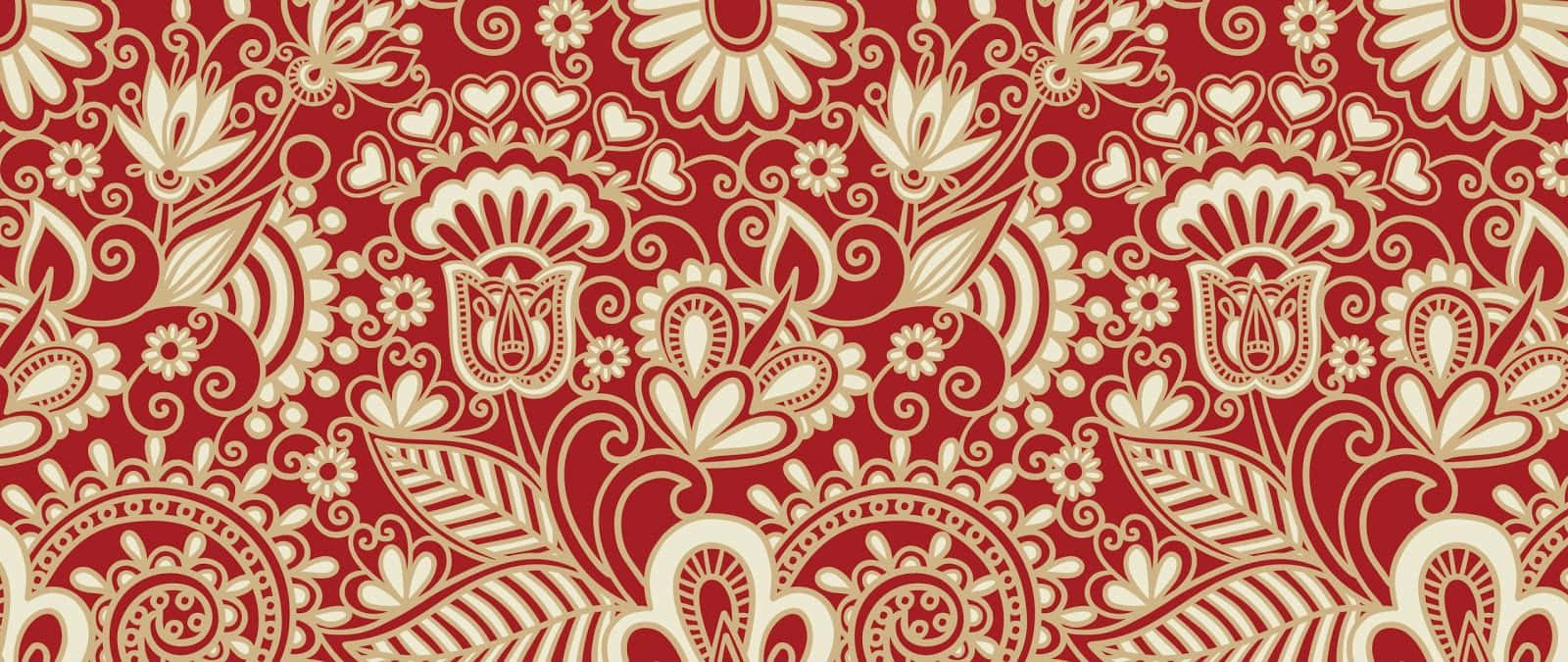 red ultra wide hd, cream floral motifs, heart motifs, HD Desktop Wallpaper