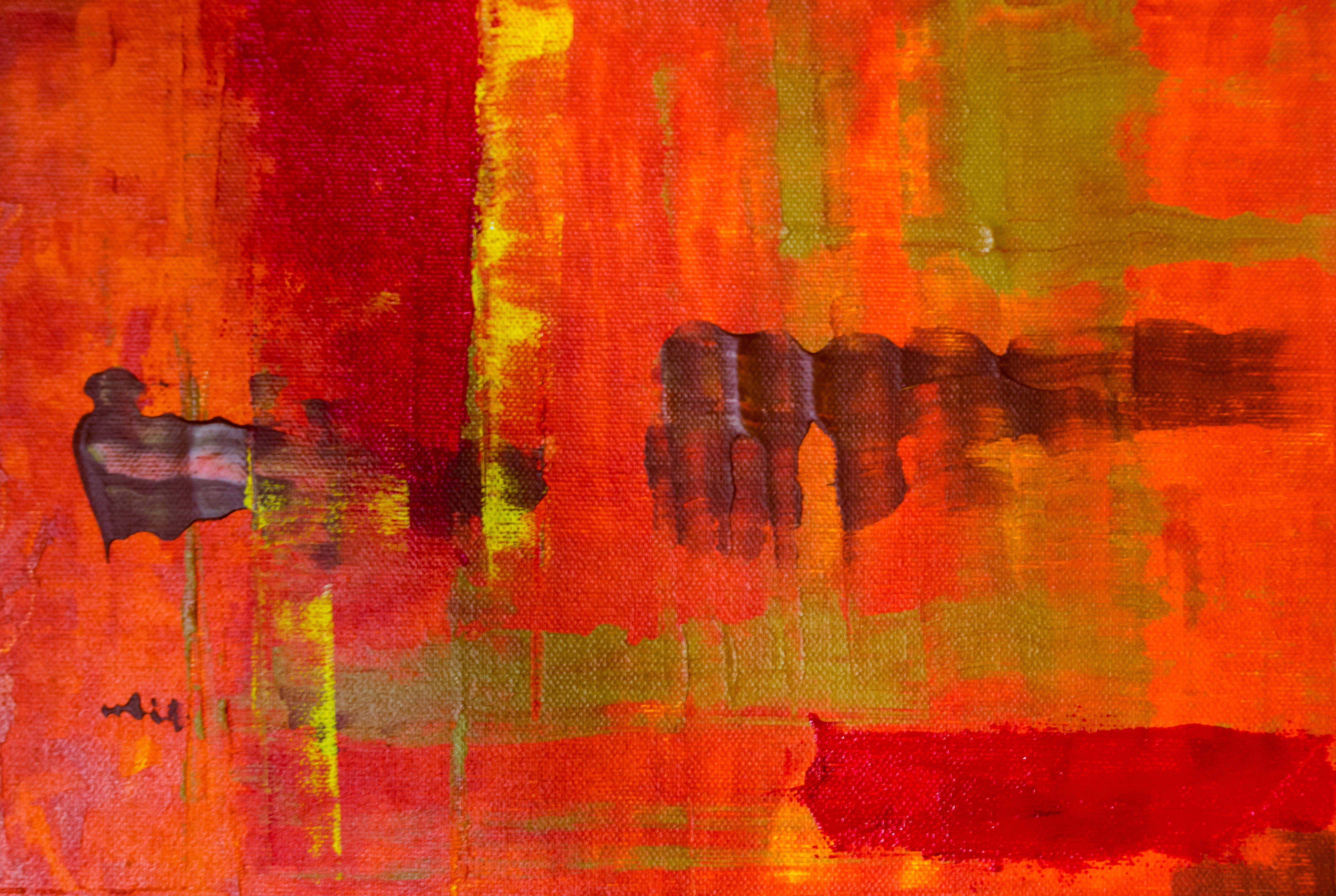textured canvas, bold red orange and yellow brushstrokes, vibrant abstract painting, 4K Desktop Wallpaper